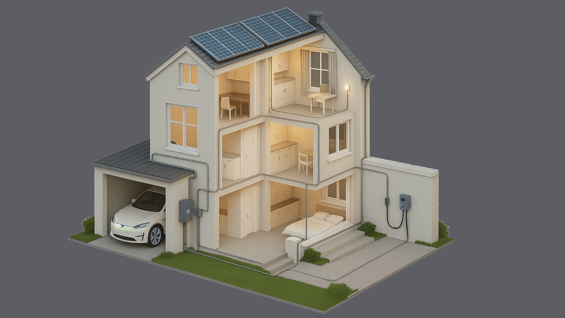 Cross-section of a multi-story house with solar panels on the roof, showcasing interior rooms, a garage with a white car, and electrical wiring.