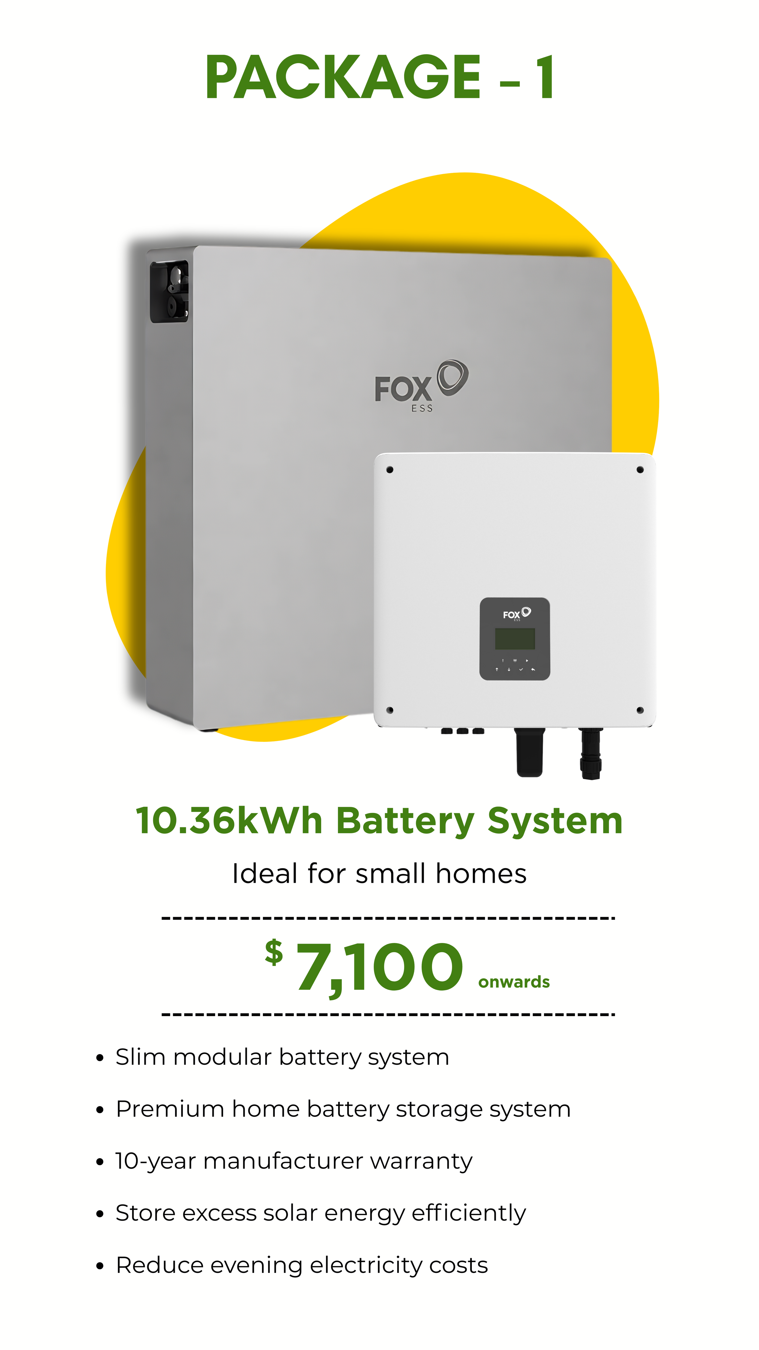 Advertisement for a 10.36 kWh battery system, showing a large grey battery with the label 'FOX ESS' and a smaller white device with a display. The ad highlights the system's application for small homes, pricing from $7,100, and features such as slim modular design, 10-year warranty, and efficient solar energy storage.
