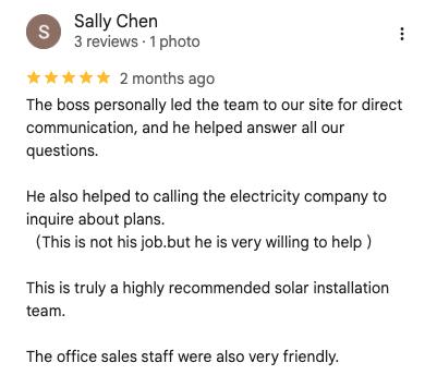 Screenshot of a 5-star review written by Sally Chen praising a solar installation team for their communication, helpfulness, and friendly office staff.
