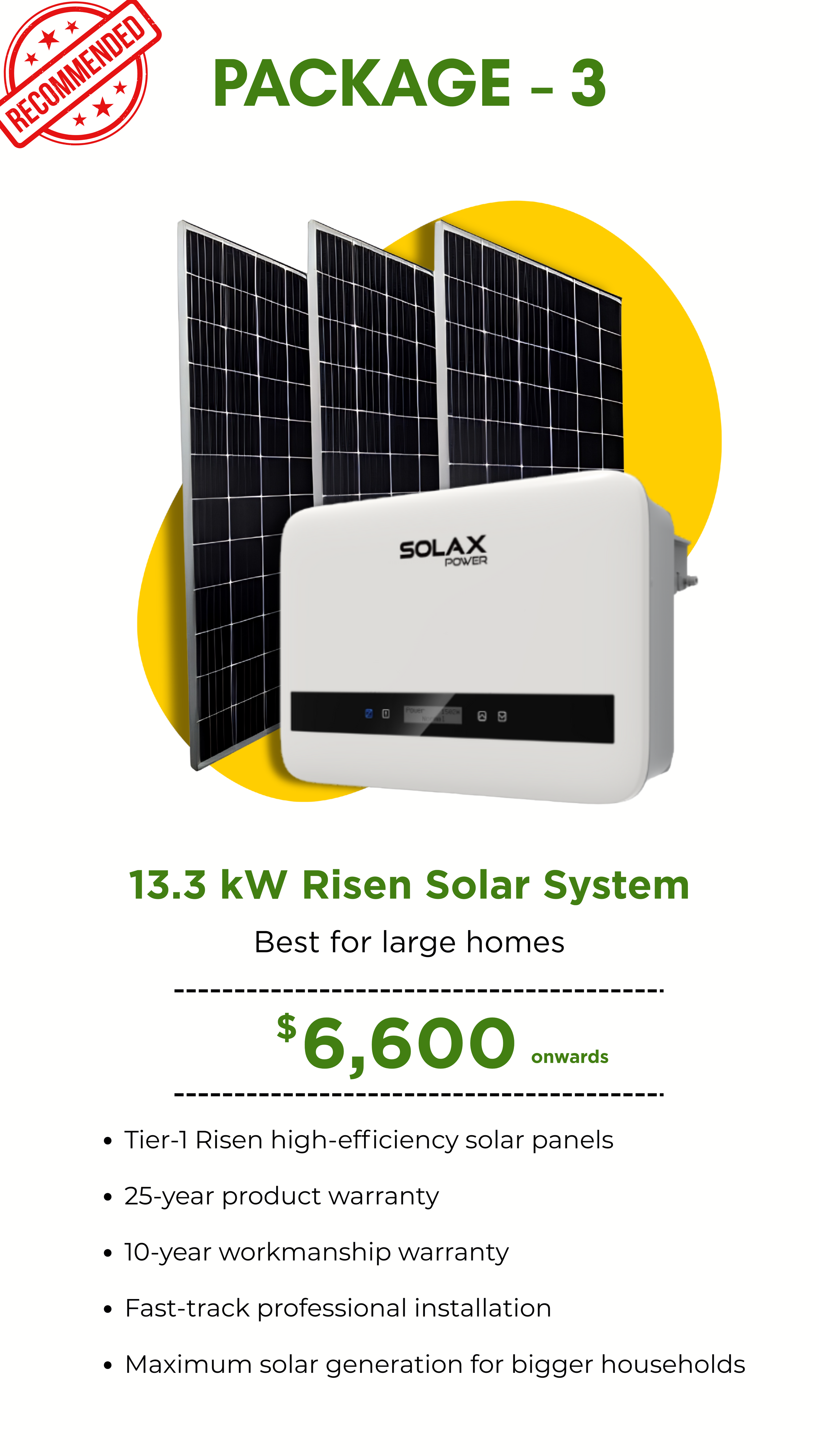 Advertisement for a 13.3 kW Risen solar power system, priced from $6,600. Features include high-efficiency solar panels, a 25-year product warranty, 10-year workmanship warranty, professional installation, and maximum solar generation for large homes. The image shows three black solar panels and a white Solax Power inverter with a yellow background.