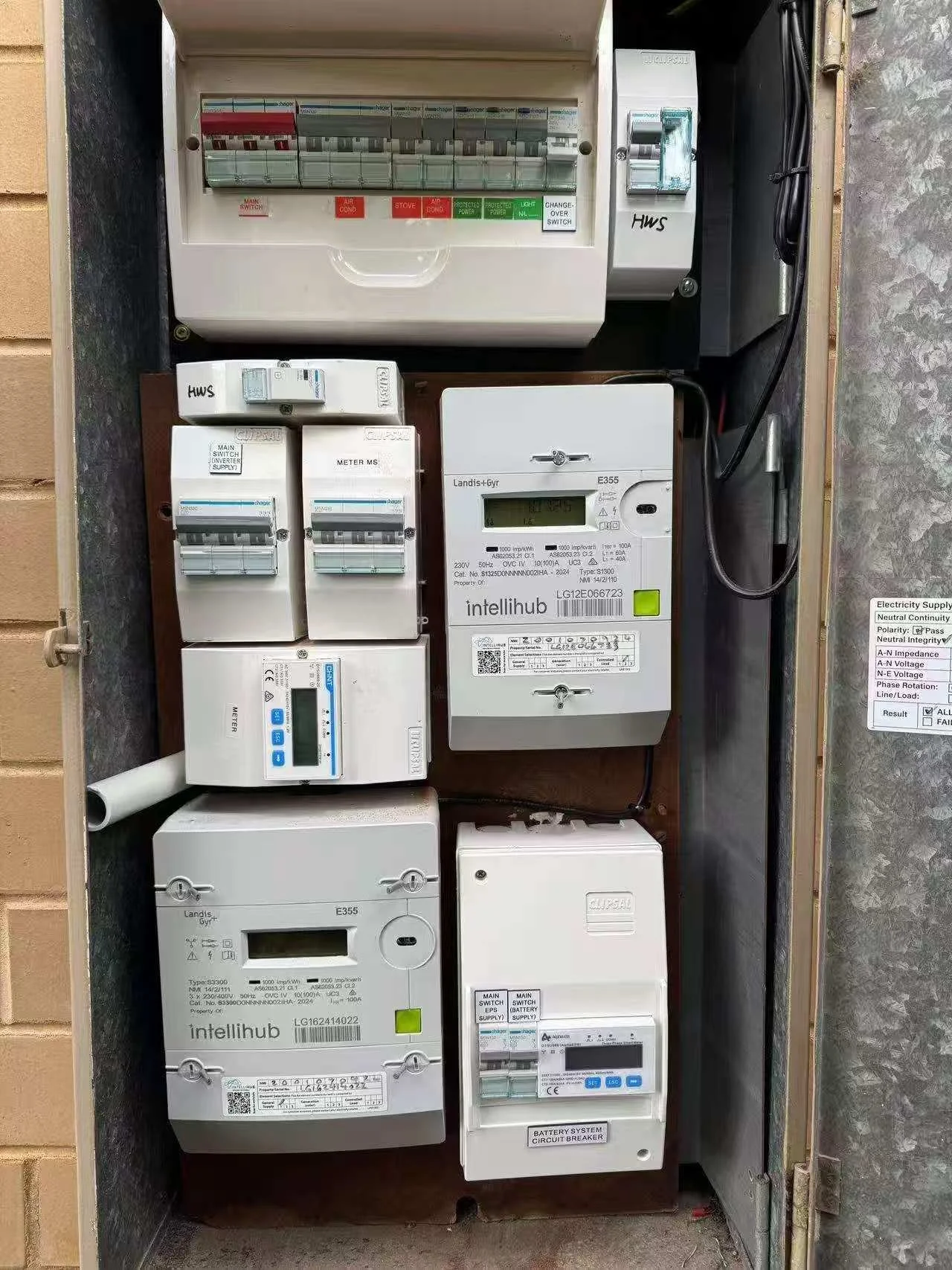 Electrical meter box with various meters, circuit breakers, and wiring components inside.