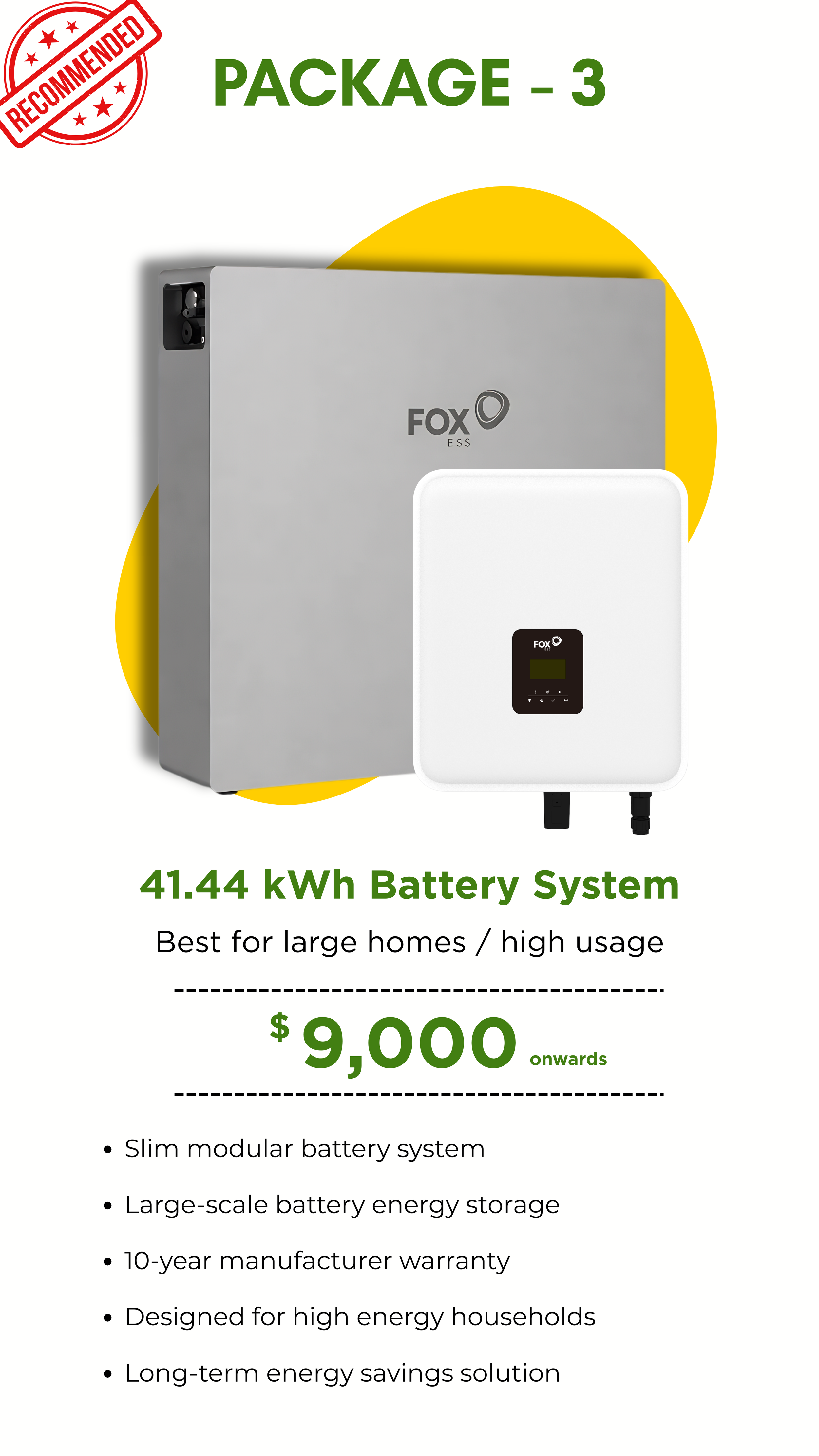 Advertisement for a large-scale 41.44 kWh battery system, recommended for large homes and high energy usage, priced from $9,000. The ad features images of a grey modular battery and a white inverter with a digital display. It highlights features including slim modular design, energy storage capacity, and a 10-year warranty.