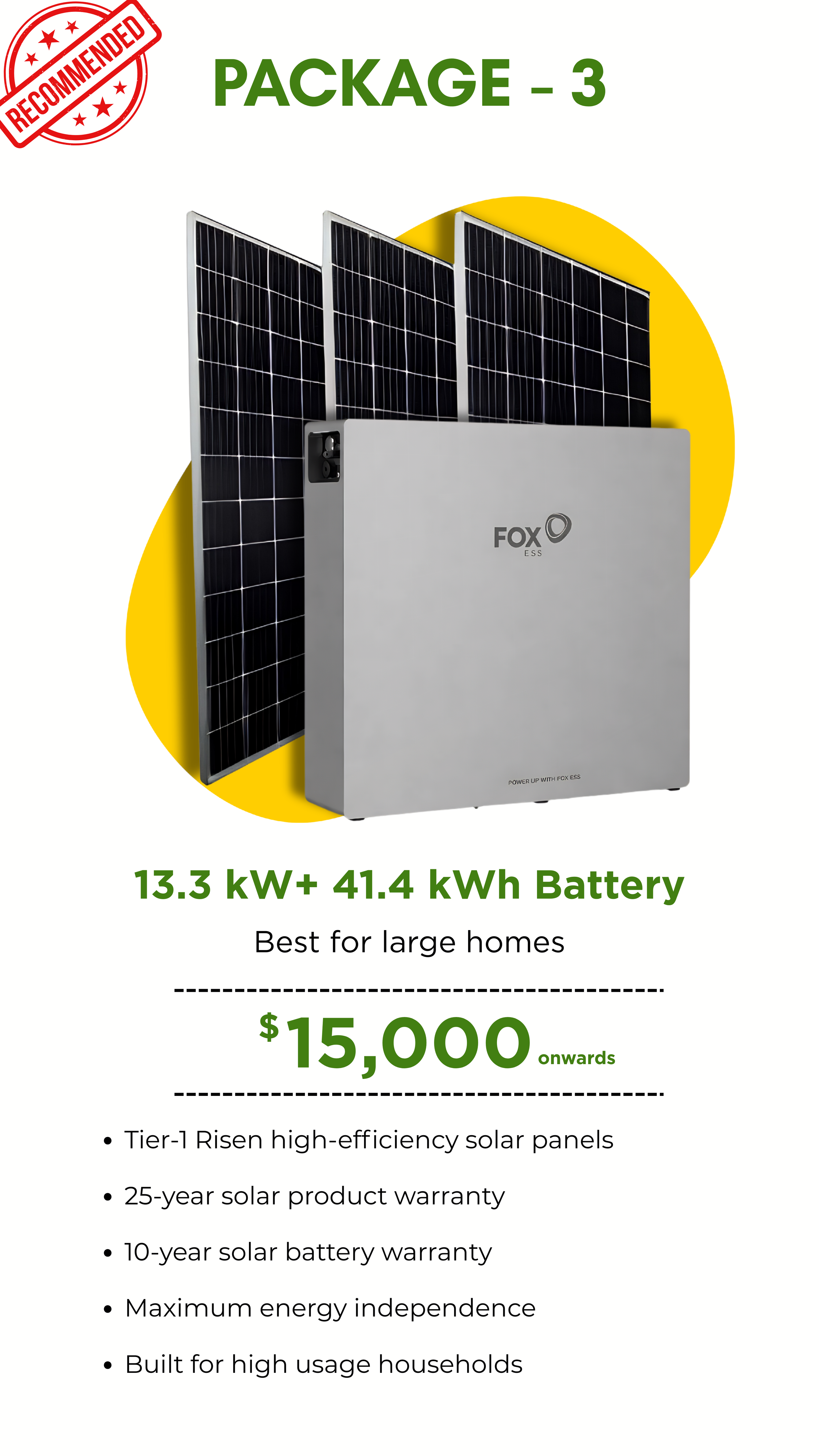 Advertisement for package 3 of a solar power system, featuring three solar panels and a battery, with text indicating a 13.3 kW and 41.4 kWh capacity, priced at $15,000 or more, suitable for large homes, and highlighting features like high-efficiency solar panels, a 25-year warranty, and maximum energy independence.