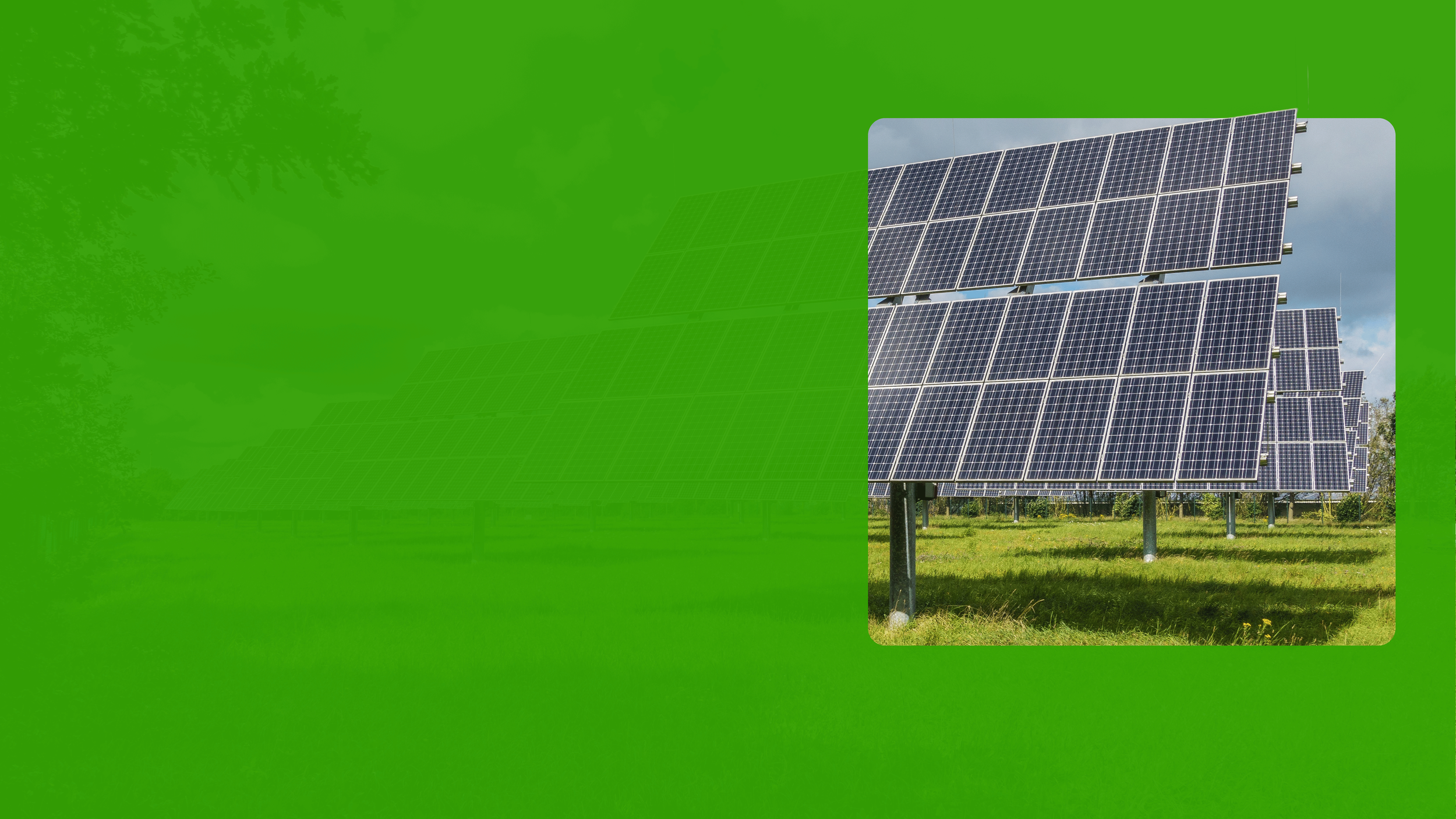 A large solar panel installation set up in a grassy field with a cloudy sky in the background.