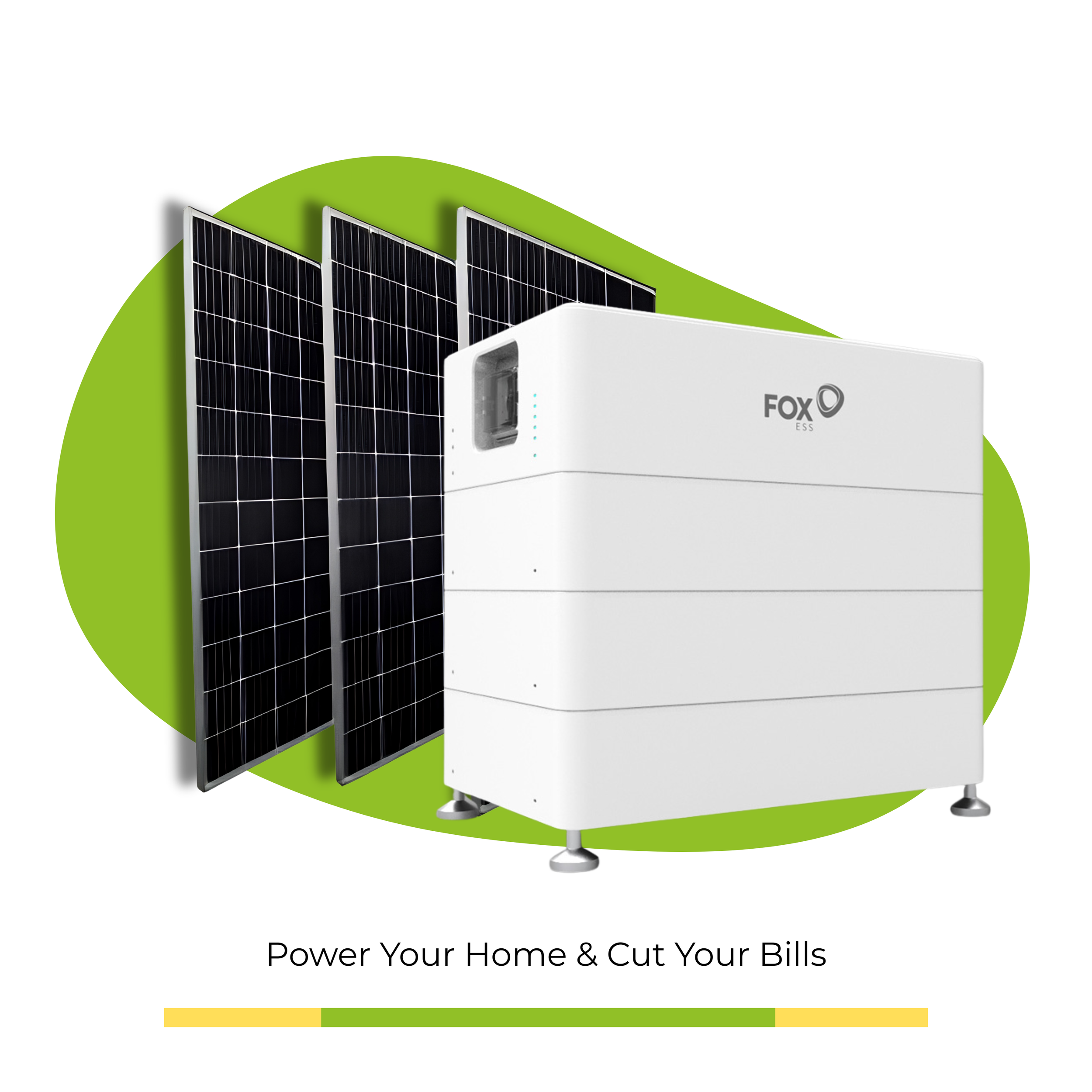 Solar panels attached to a white device with the text 'Power Your Home & Cut Your Bills' and a multicolored progress bar