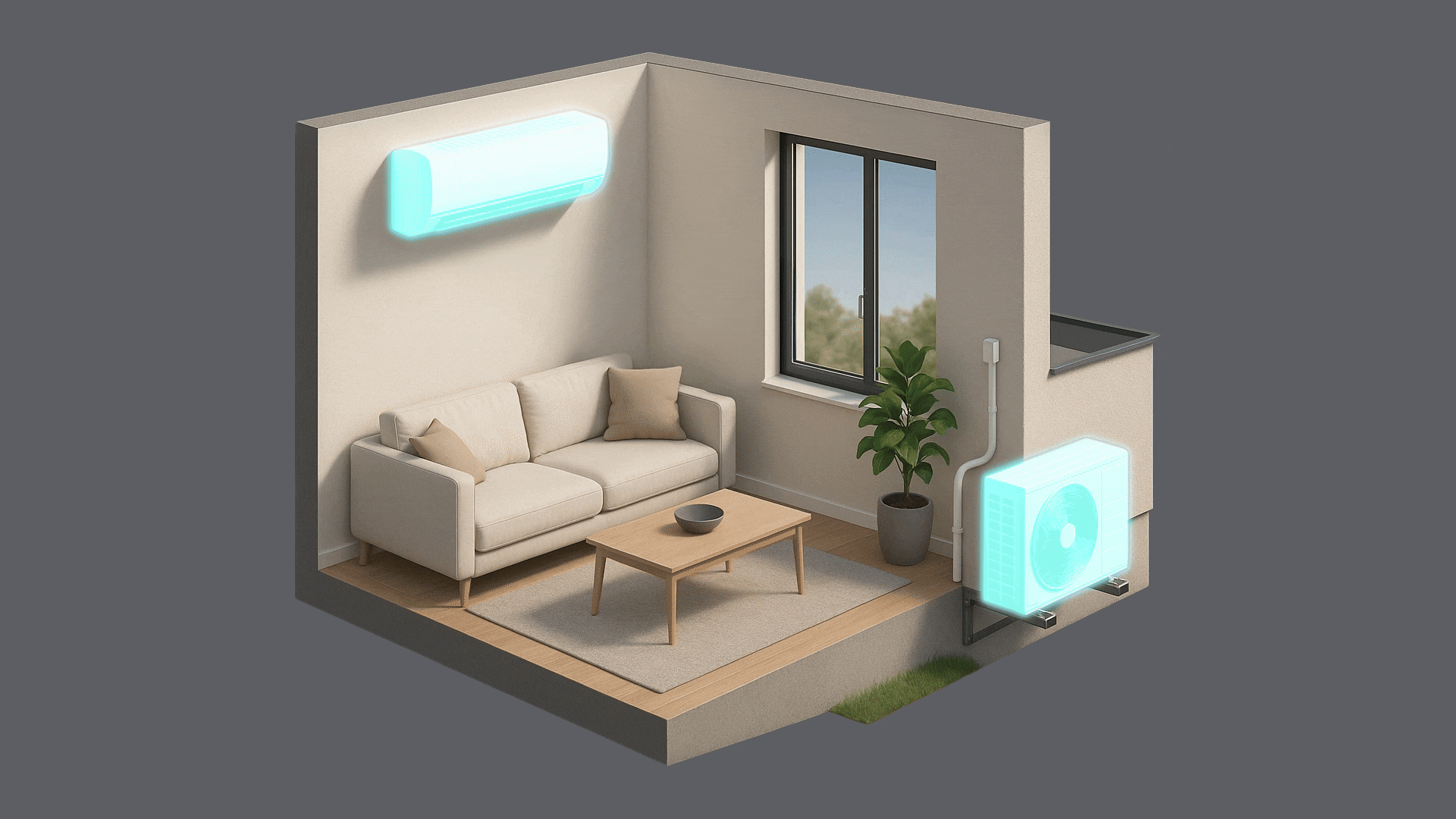 Living room with a beige sofa, coffee table, indoor plant, window, and two glowing blue air conditioning units, one on the wall and one near the floor.