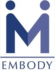 Logo with two stylized blue human figures forming the letter 'M', and the word 'EMBODY' written below.