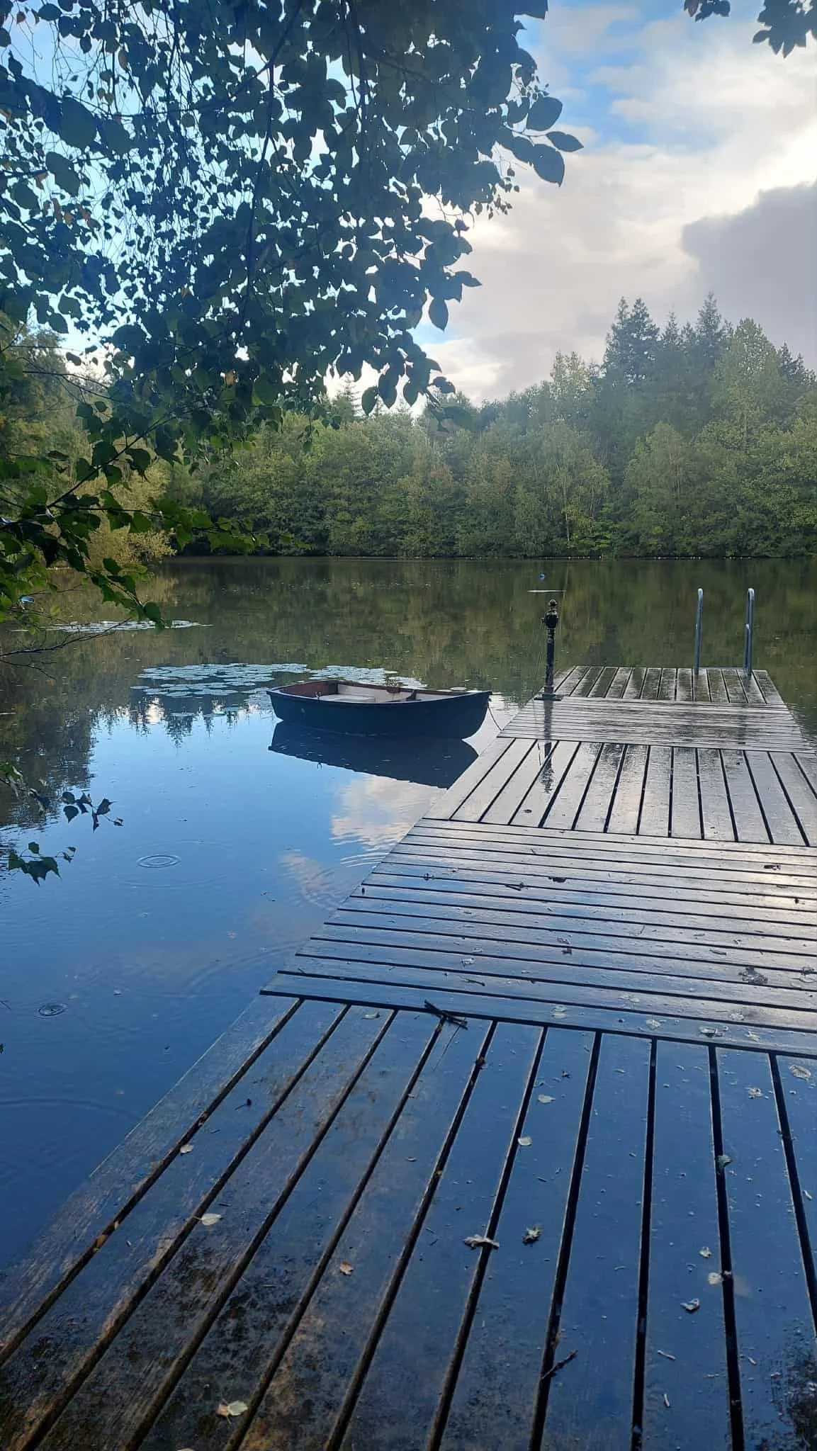 A wooden dock extends into a calm lake with a small rowboat tied to the side. Trees line the background, and the sky is partly cloudy with some sunlight breaking through.
