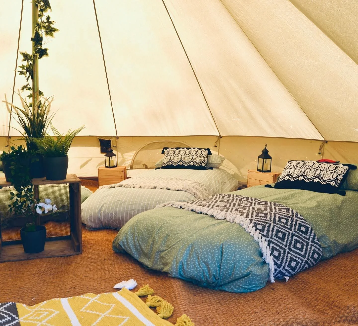 Two beds inside a cozy tent with patterned pillows, surrounded by potted plants and lanterns, on a woven rug.
