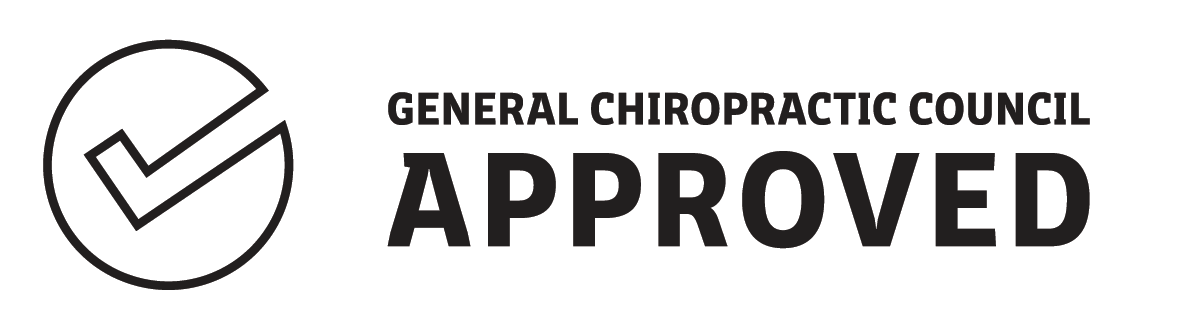 Approved sticker with checkmark logo and text from the General Chiropractic Council