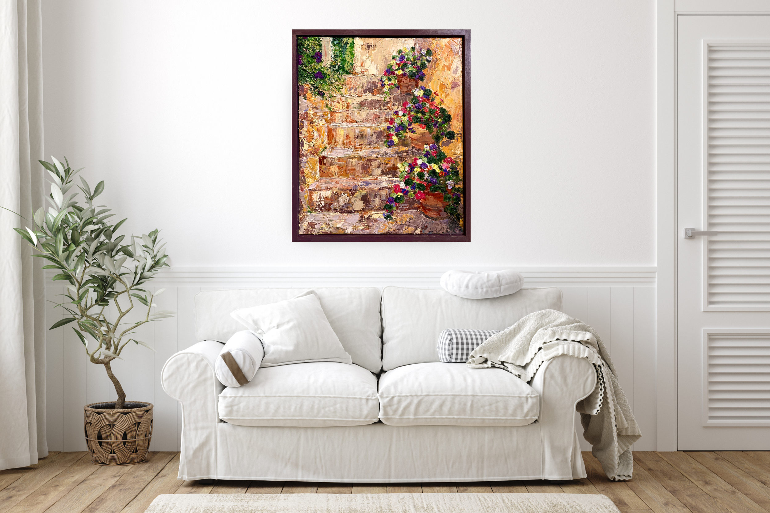 'Tuscan Steps' Warmth and intrigue as you take the steps to a new life. Oil on canvas. 60x50cm