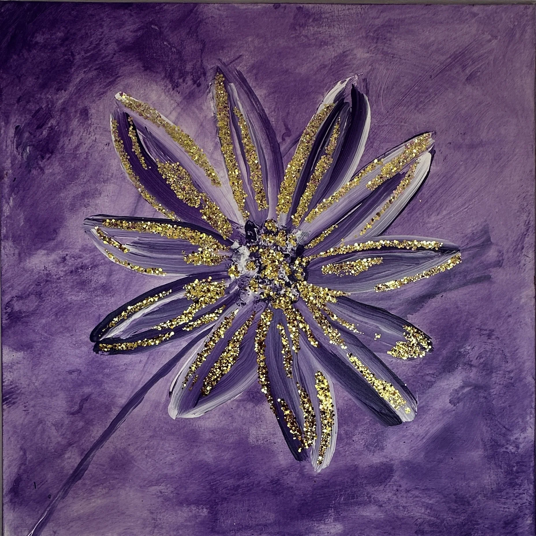 'Daisy' 60x60cm Acrylic Art - Purple &  Gold Sparkly in White Frame