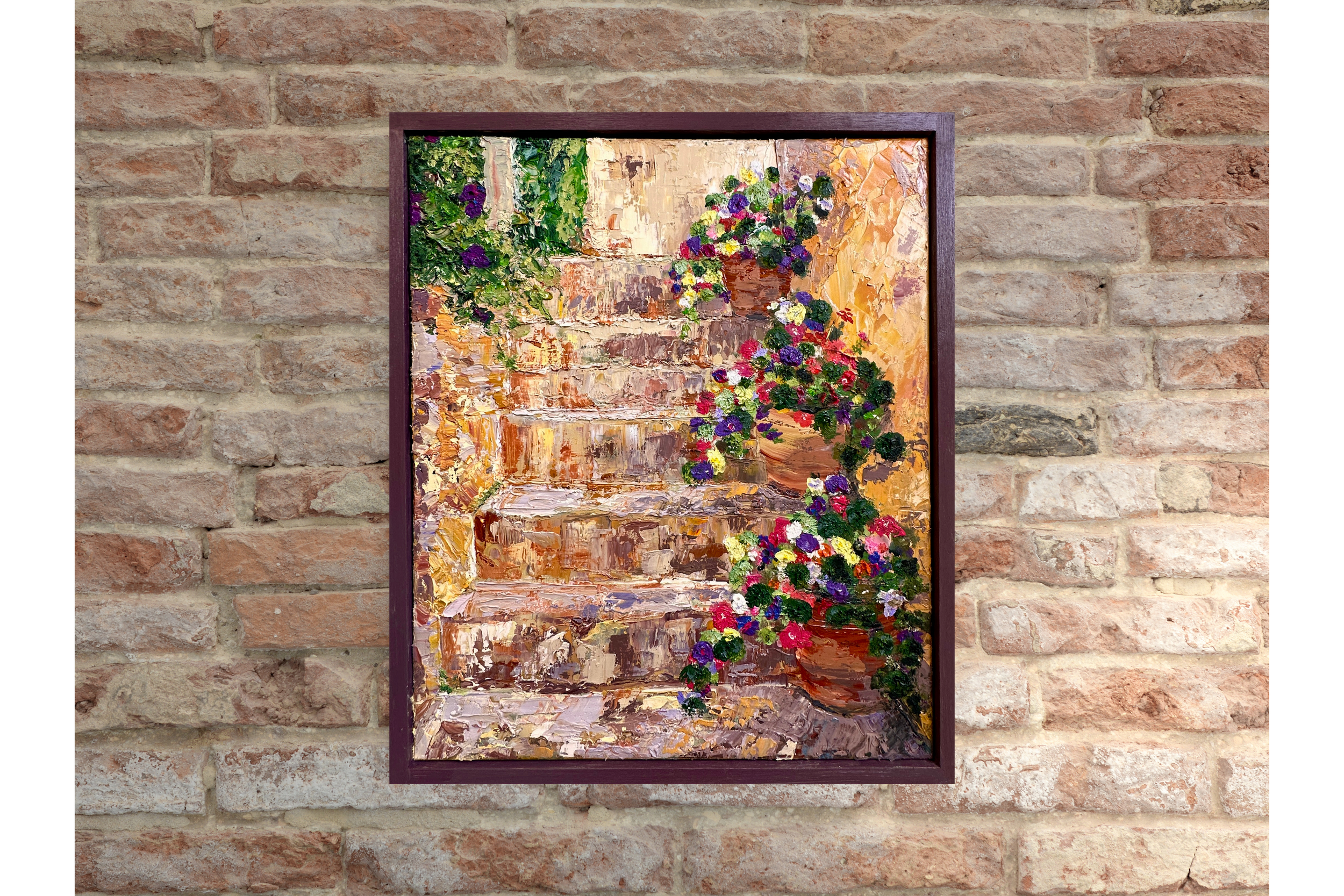 'Tuscan Steps' Warmth and intrigue as you take the steps to a new life. Oil on canvas. 60x50cm