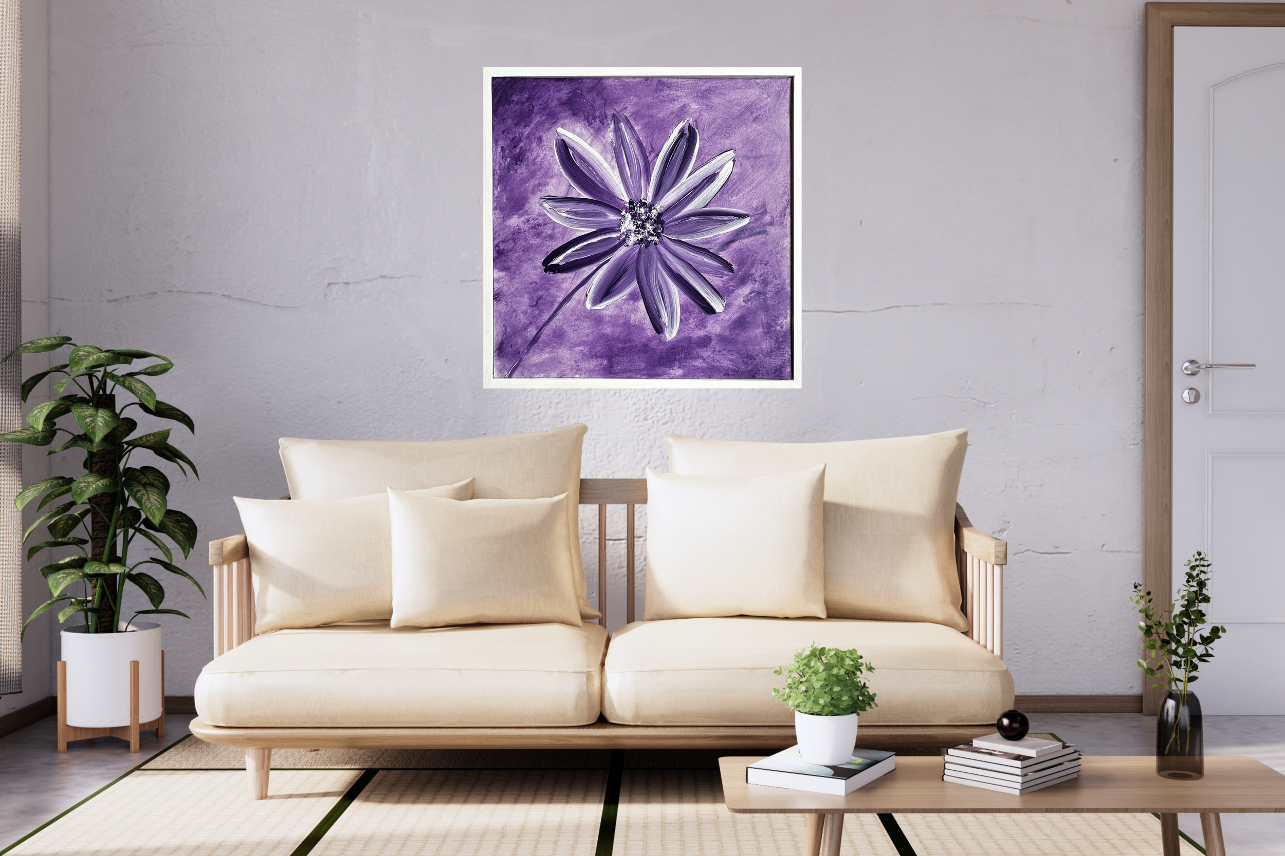 'Daisy' 60x60cm Acrylic Art - Purple & White Framed