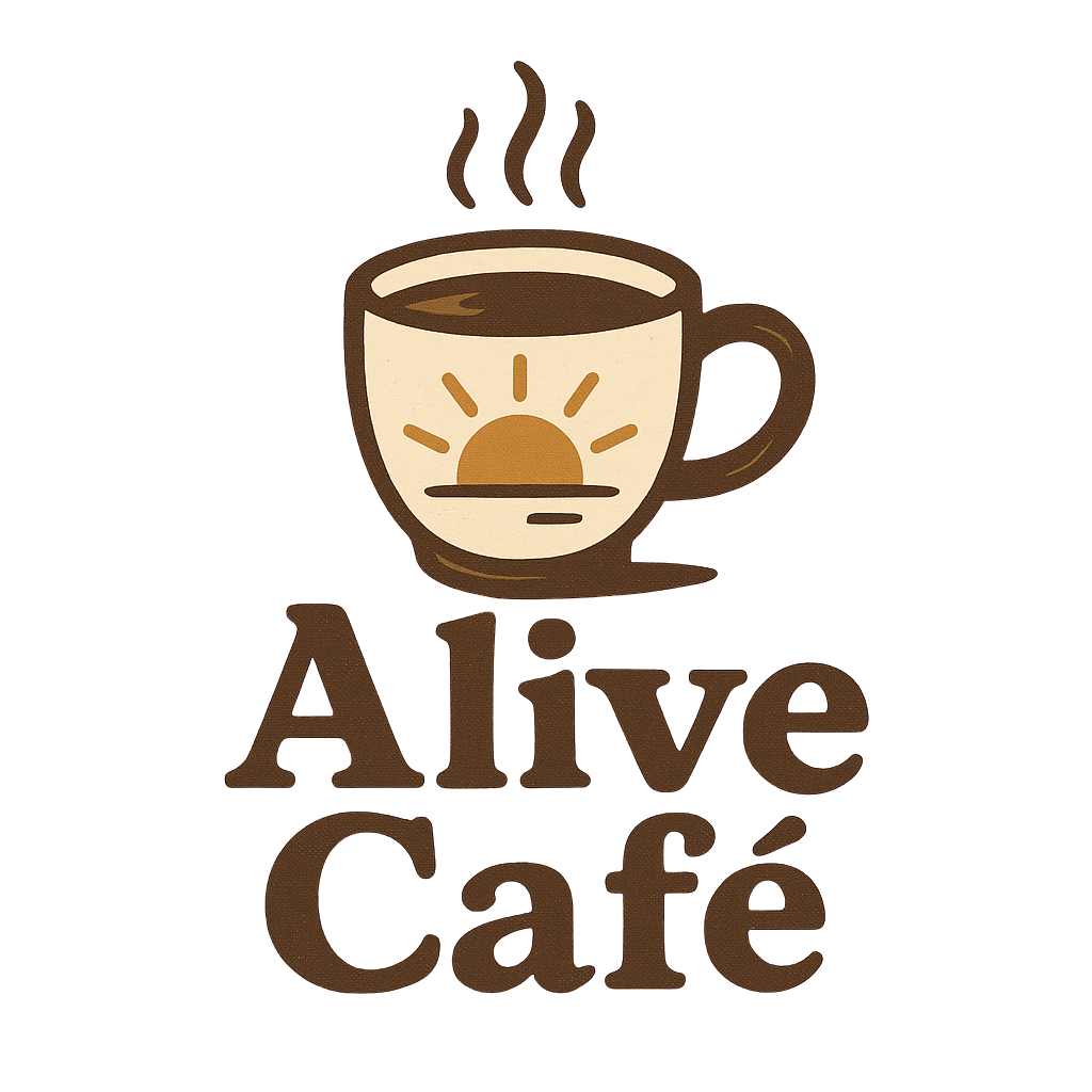 A graphic logo of a coffee mug with a sunrise inside it, and steaming hot coffee inside the mug. Below the mug, the text reads 'Alive Café' in brown letters.