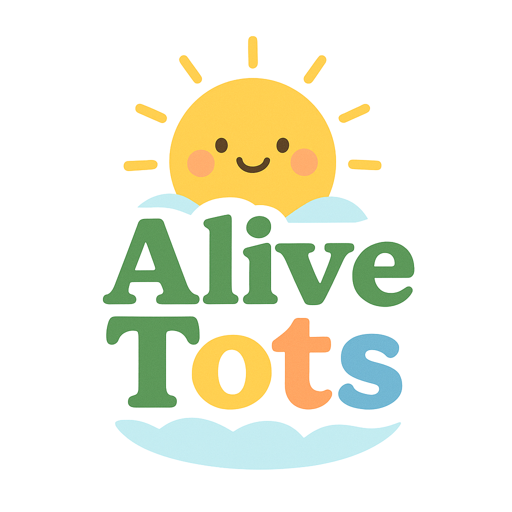 A cartoon illustration of a smiling sun with a cute face, rays, and rosy cheeks, partially behind a rainbow-colored cloud with the words "Alive Tots" in large, colorful letters.