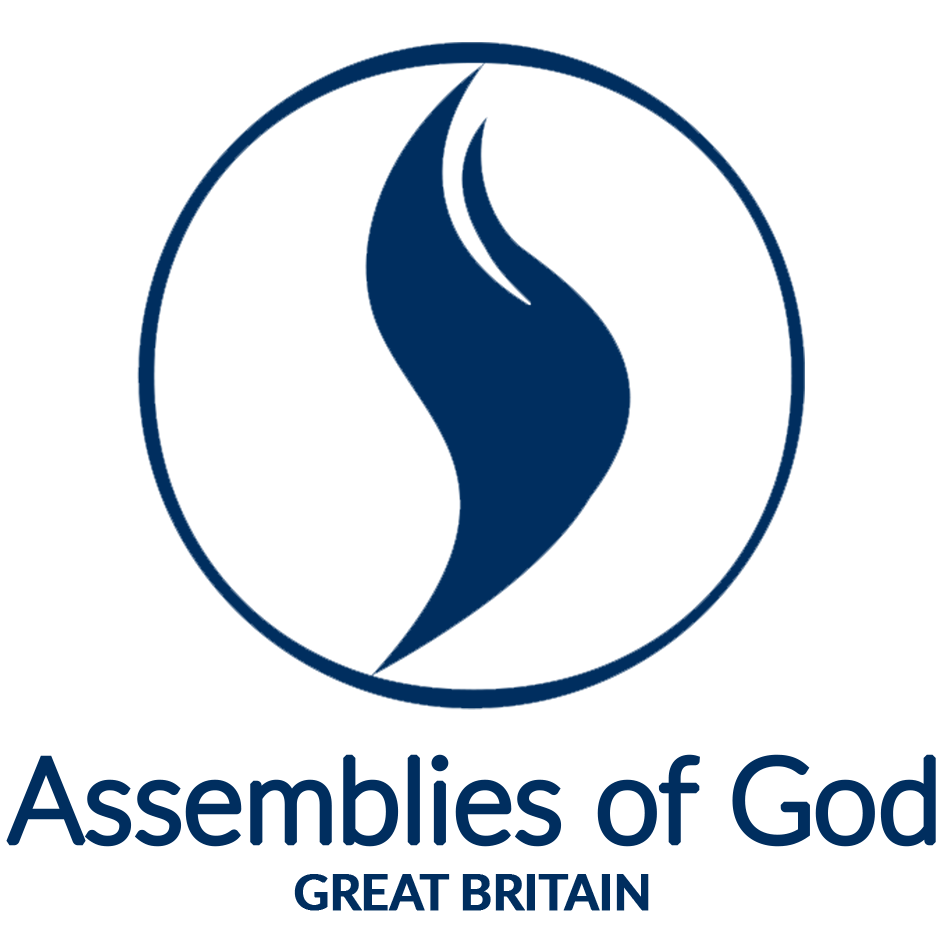 Logo of Assemblies of God Great Britain featuring a stylized flame inside a circle with text below.