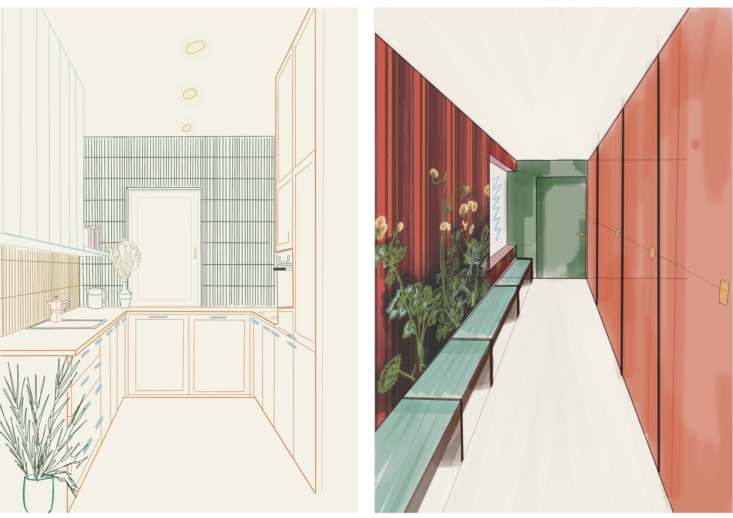 Split view of an interior space, with a left sketch of a kitchen with cabinets, a sink, and a door, and a right colored illustration of a hallway with lockers, plants, benches, and a door.
