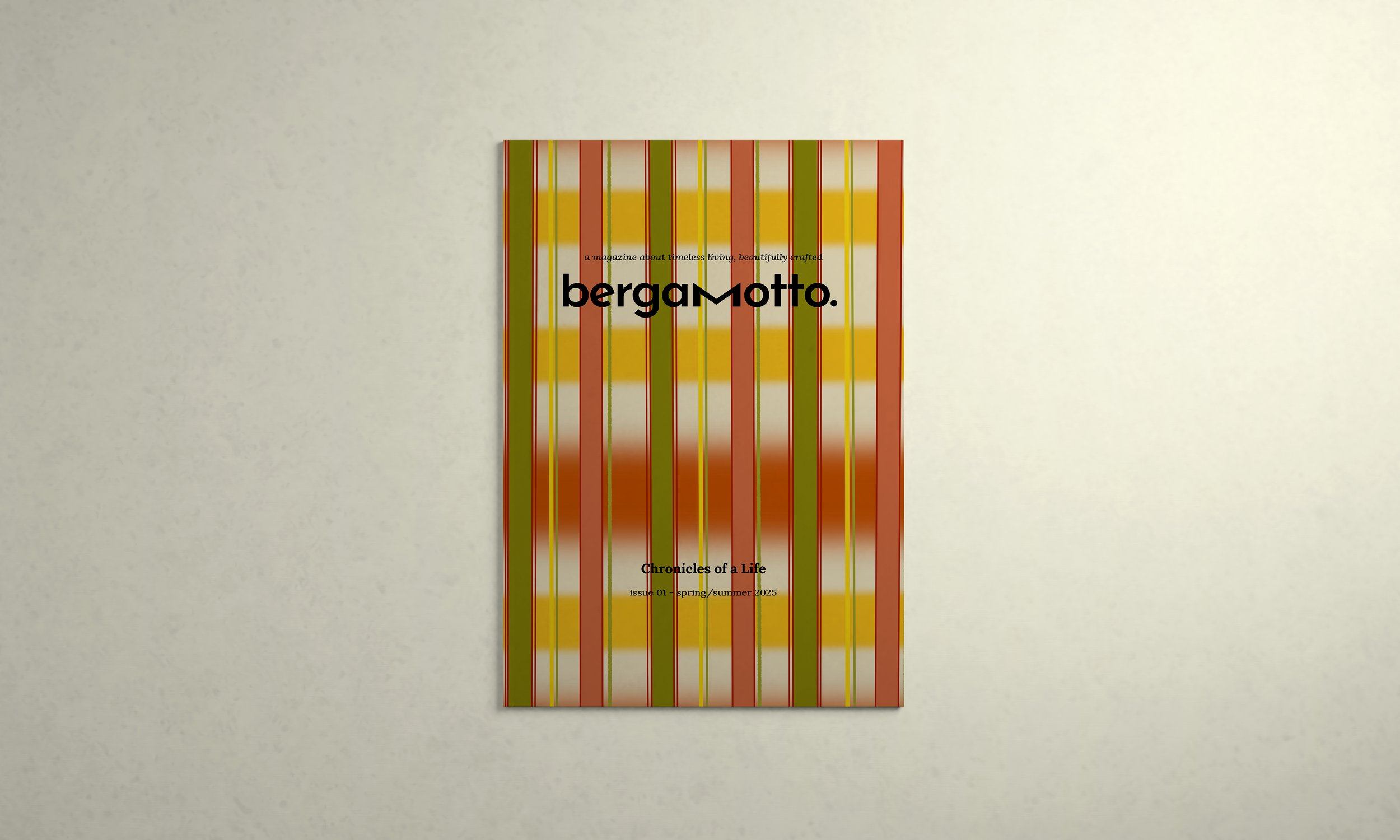 Cover of a magazine titled 'bergamotto.' with a background of colorful vertical stripes in yellow, red, and green, including text about timeless living and craftsmanship.