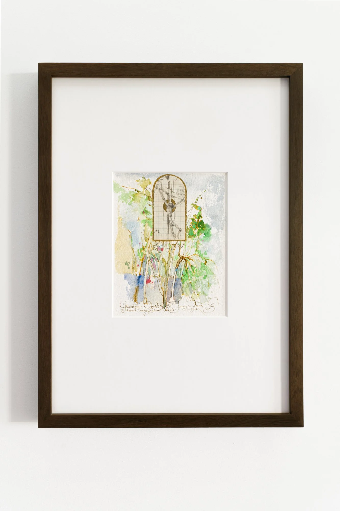 A watercolor painting of a tree with green leaves and a clock with handwritten notes atop it, framed in wood and mounted on a white gallery wall.