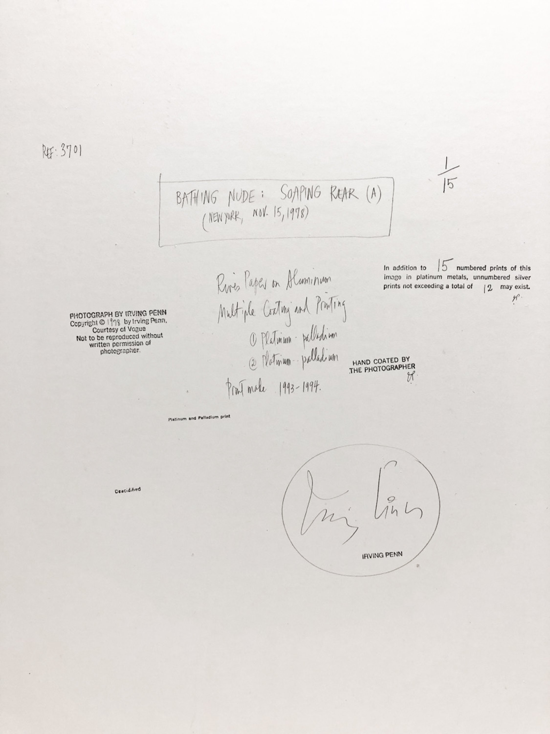 A white sheet of paper with handwritten notes, signatures, and printed text, including references to a photography process involving platinum and palladium prints, with some annotations regarding edition numbers and the photographer's credits.