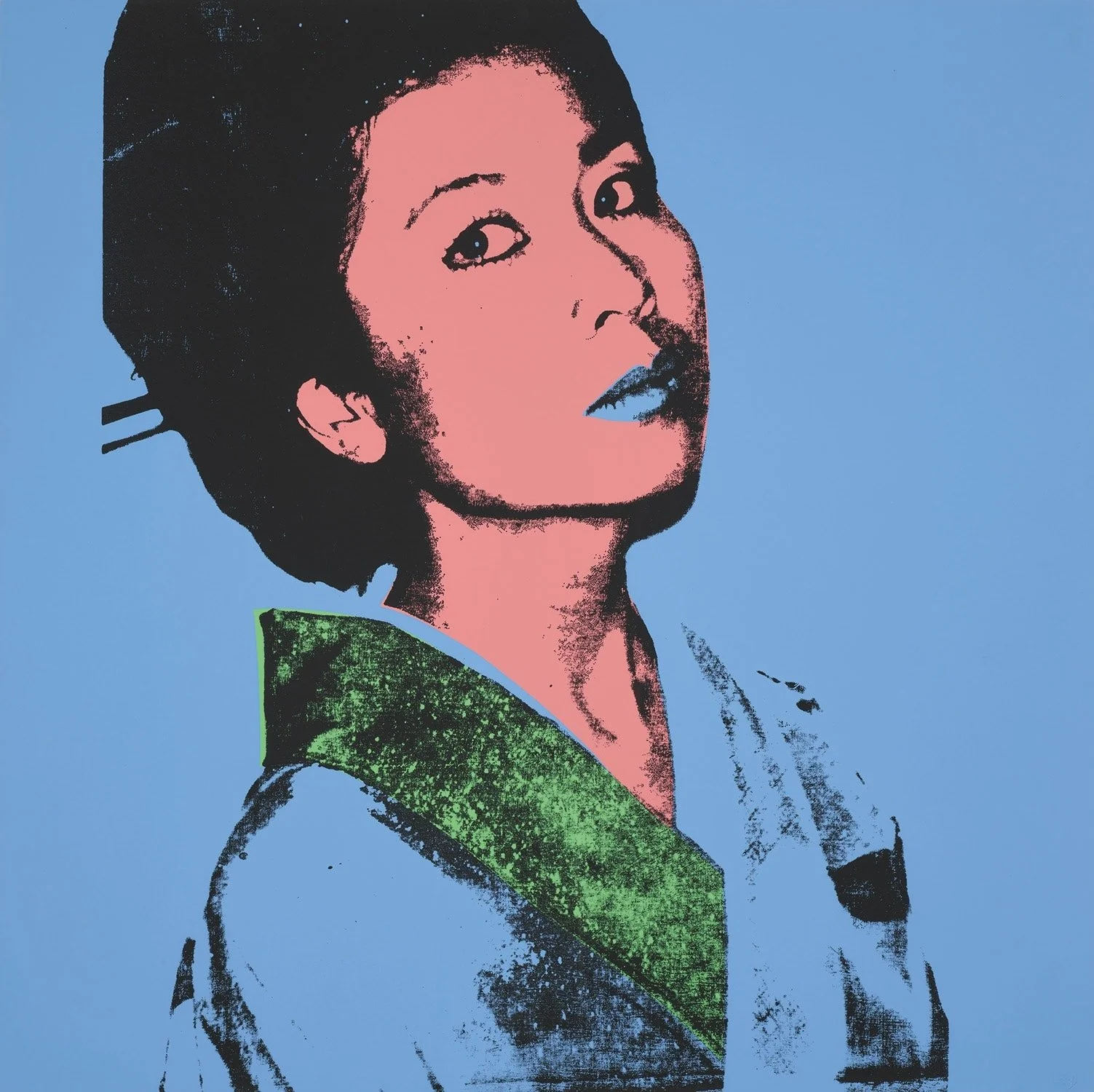 Grafika „Kimiko” Andy'ego Warhola przedstawiająca portret kobiety w charakterystycznym stylu pop-art, na intensywnie niebieskim tle.