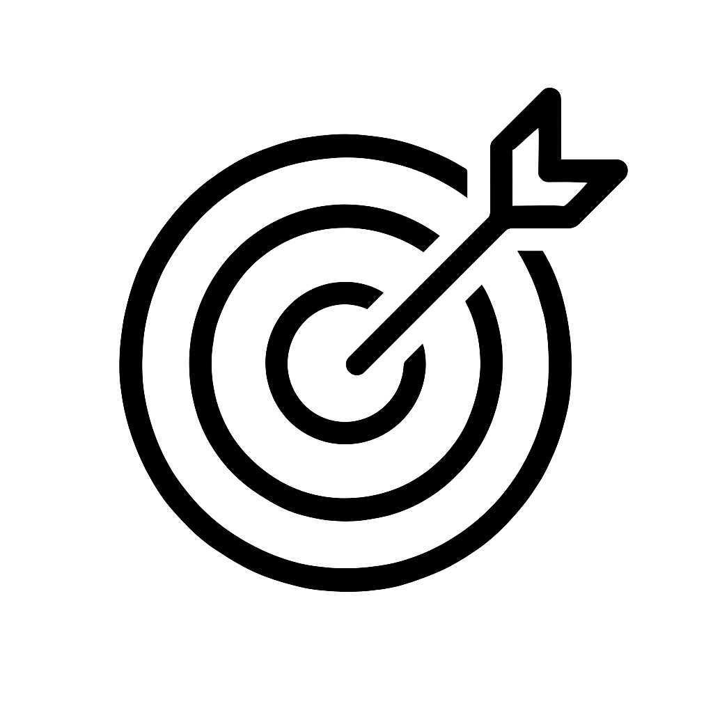 Black and white illustration of a target with a dart hitting the bullseye.
