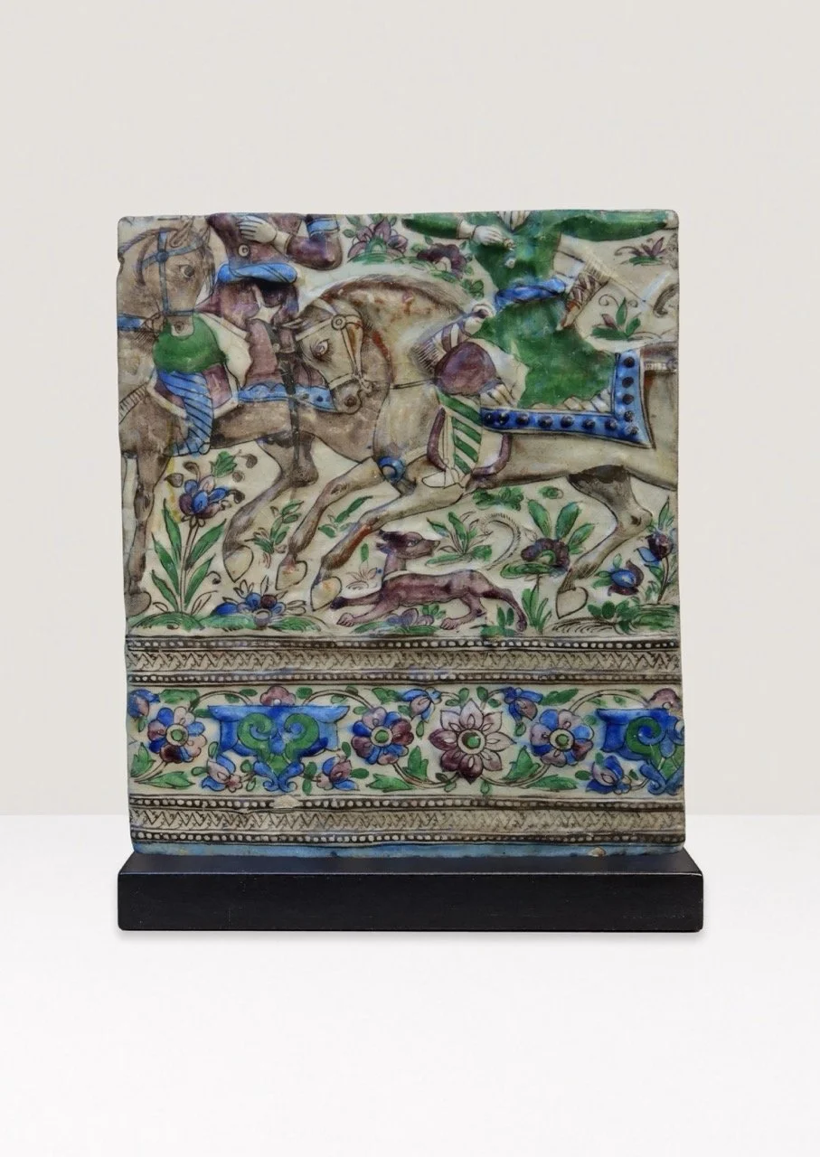 Qajar Hunting Scene Moulded Pottery Tile