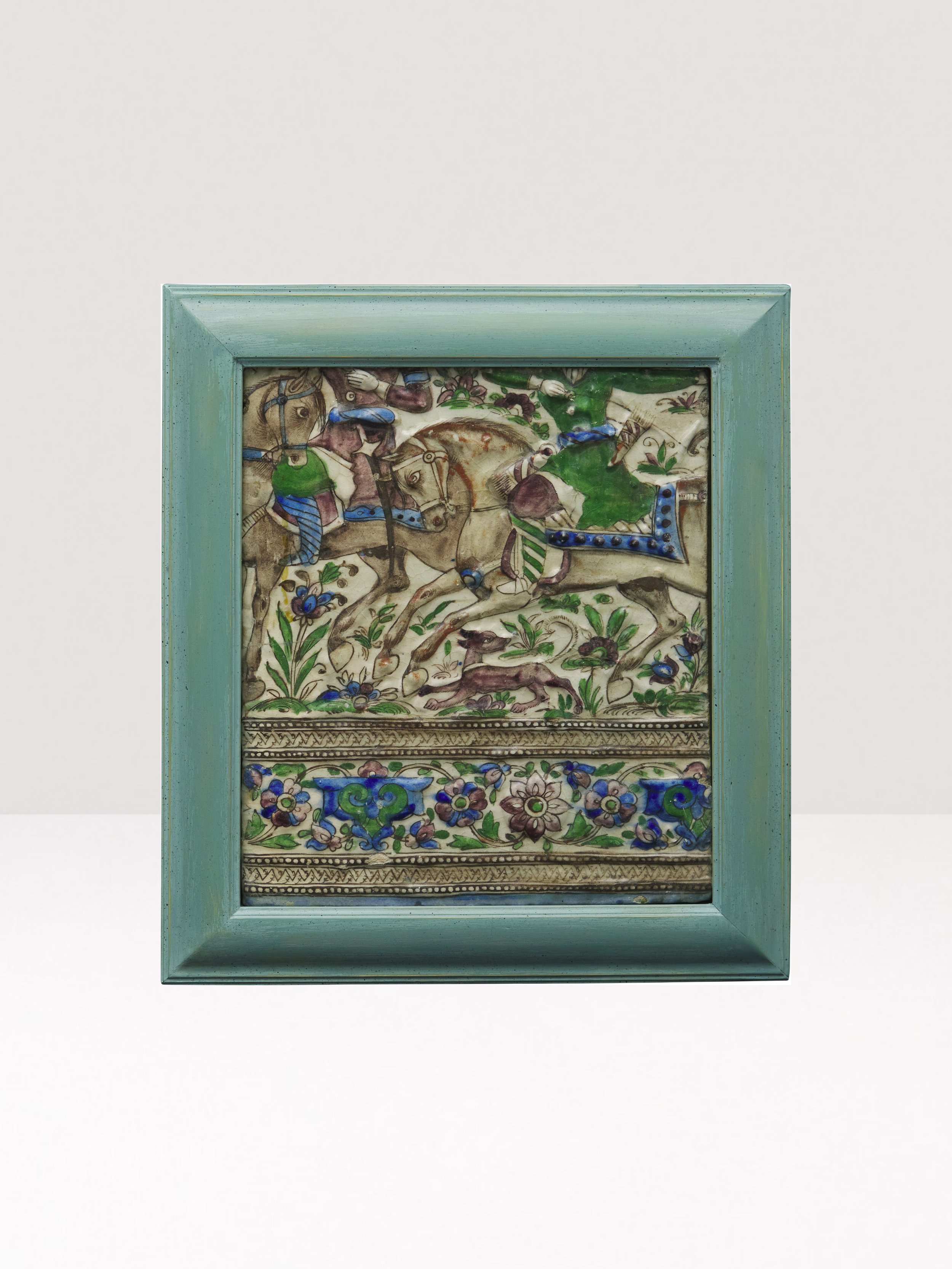 Qajar Hunting Scene Moulded Pottery Tile