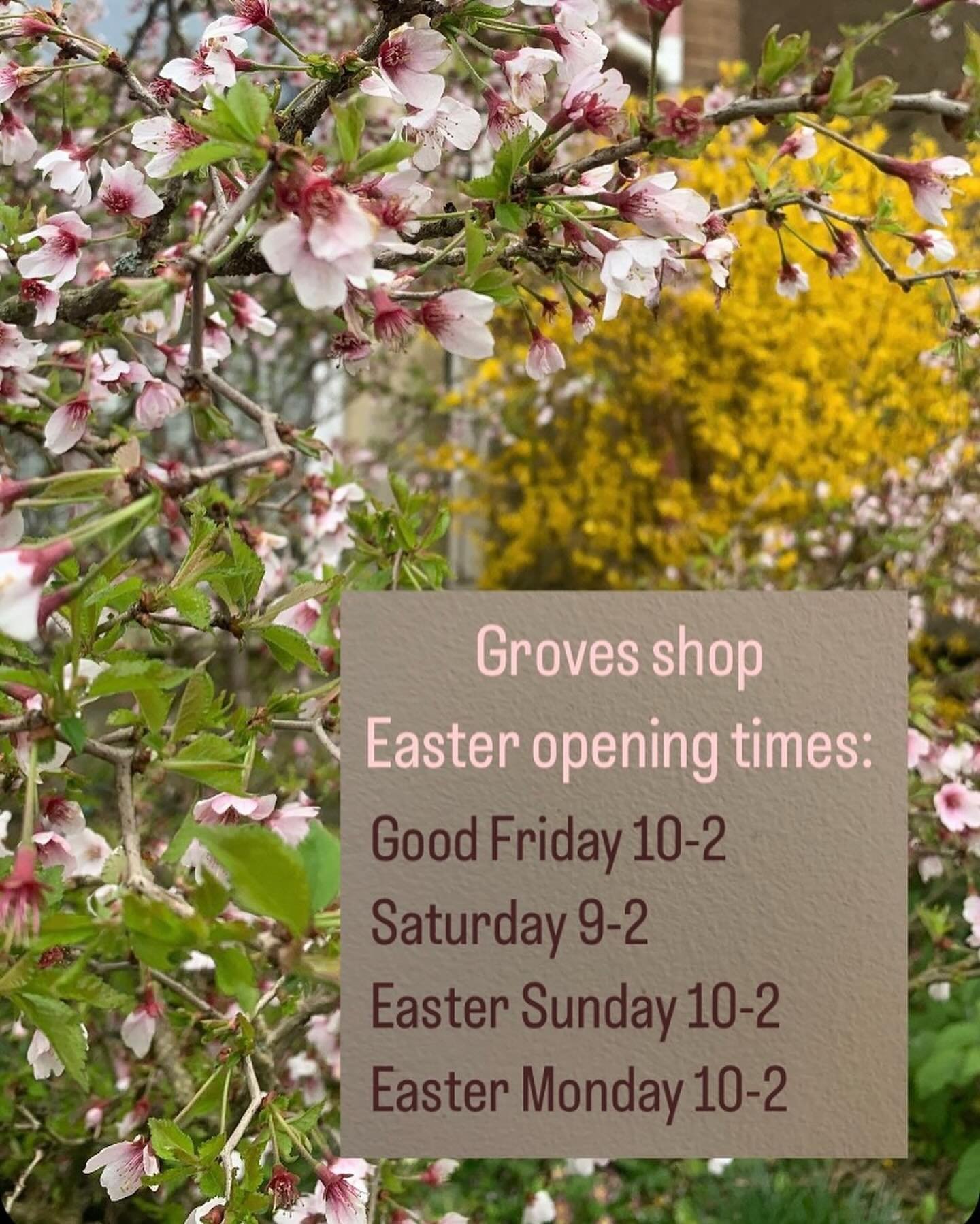 Groves Shop wishes everyone a Happy Easter 

We will be open every day 🐣 to make sure you can get cards, Easter presents, compost, your diy tools etc and hope the weather will be kind to us all 😁

Please refer to our independent traders for their o