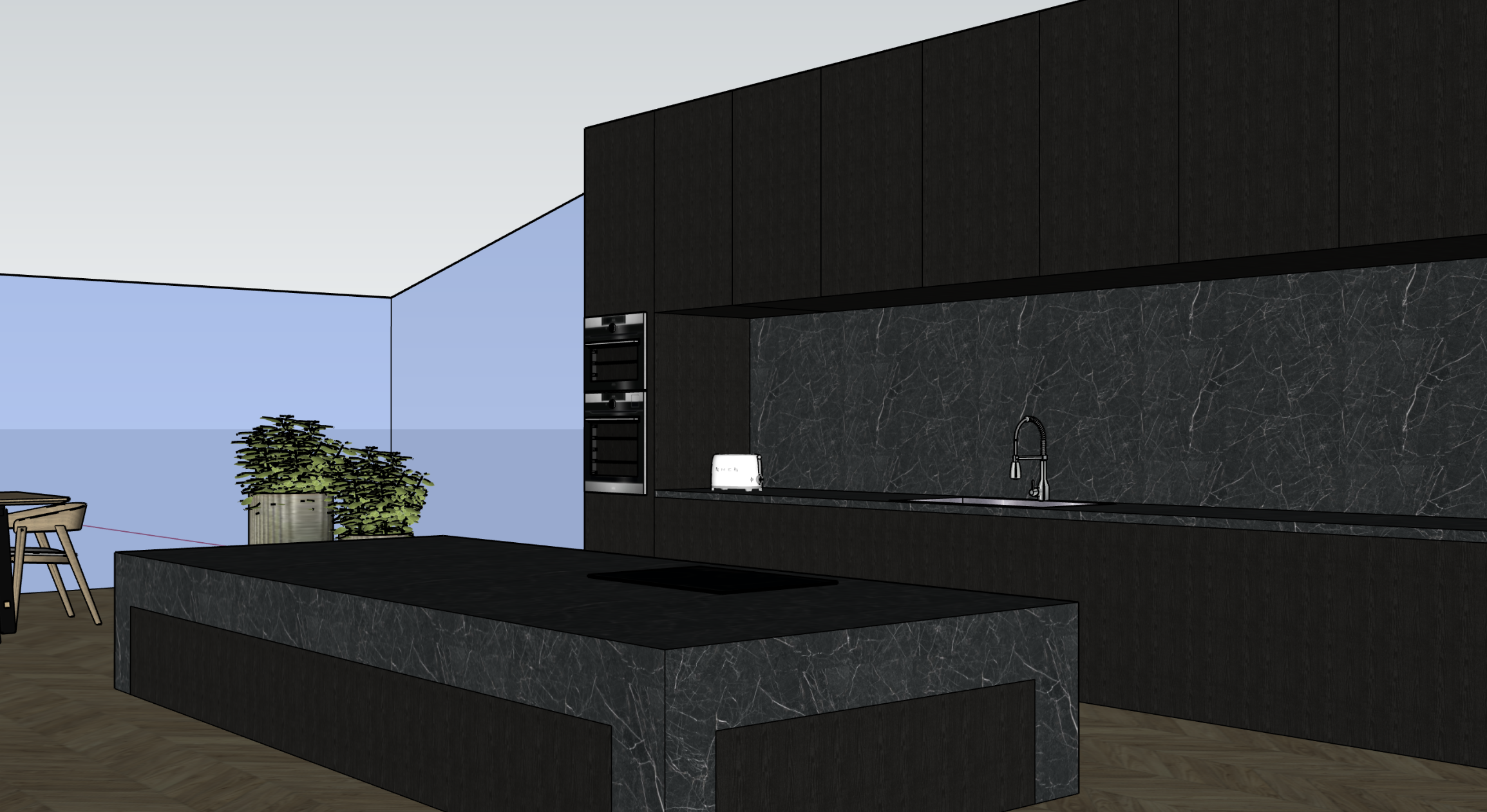 Cucina moderna con isola in marmo nero con venature bianche, armadi neri, lavandino con rubinetto nero, e piani cottura, con parete in marmo nero e un'area con piante in contenitori sullo sfondo.