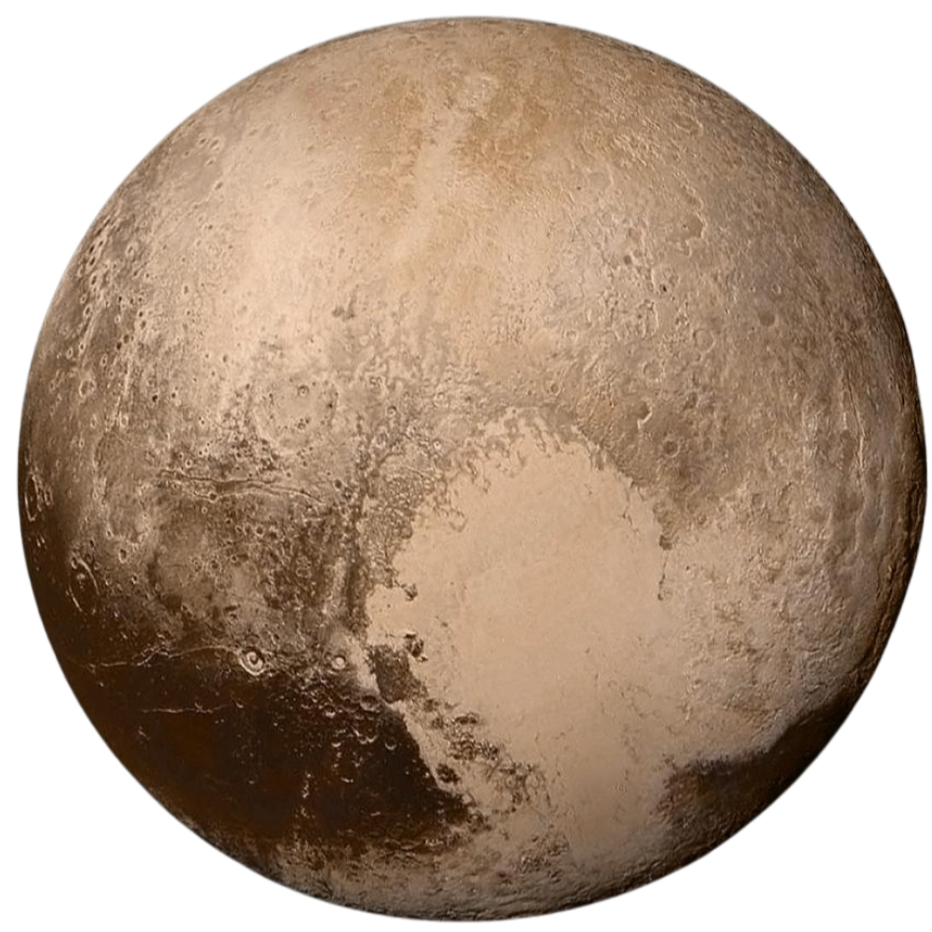 Close-up of the planet Pluto with its icy, cratered surface.