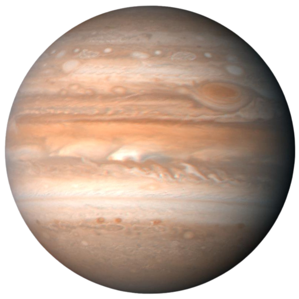 Photograph of the planet Jupiter showing its cloud bands and the Great Red Spot.