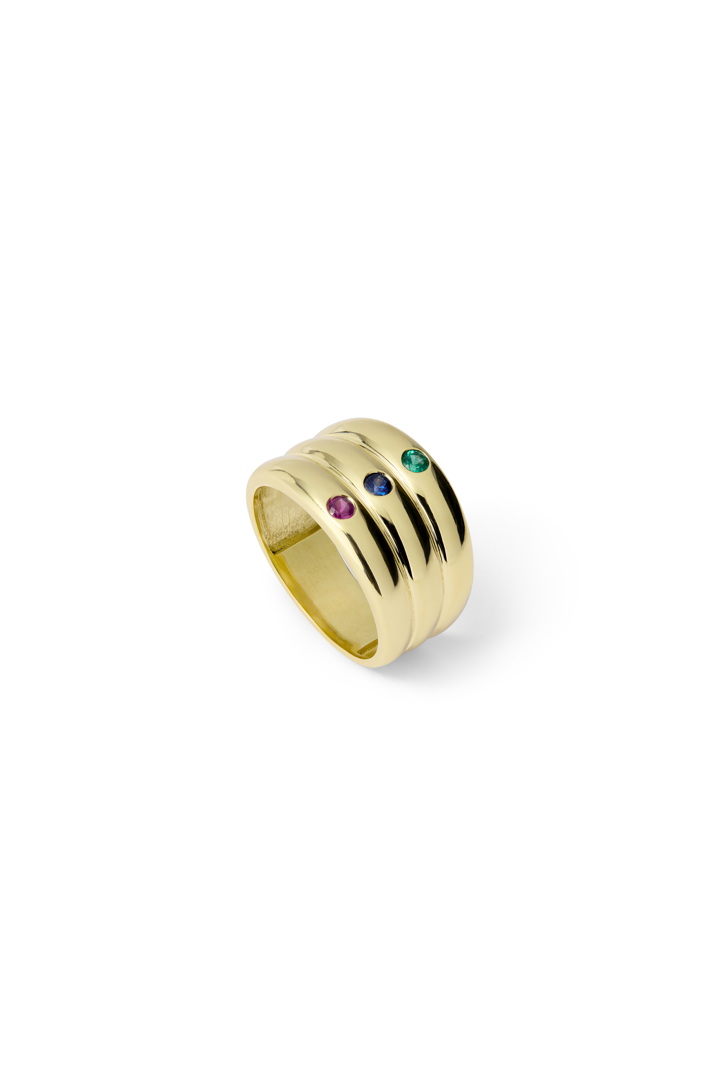 Sortija de oro de 18 kt con rubí, zafiro y esmeralda talla brillante, diseño de Sofía Sunyer