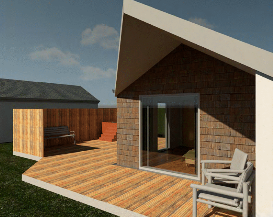 NJPlanning Ltd — Exterior view of a house with a large sliding glass door, wooden deck, outdoor seating, and a bench in the backyard under a partly cloudy sky.