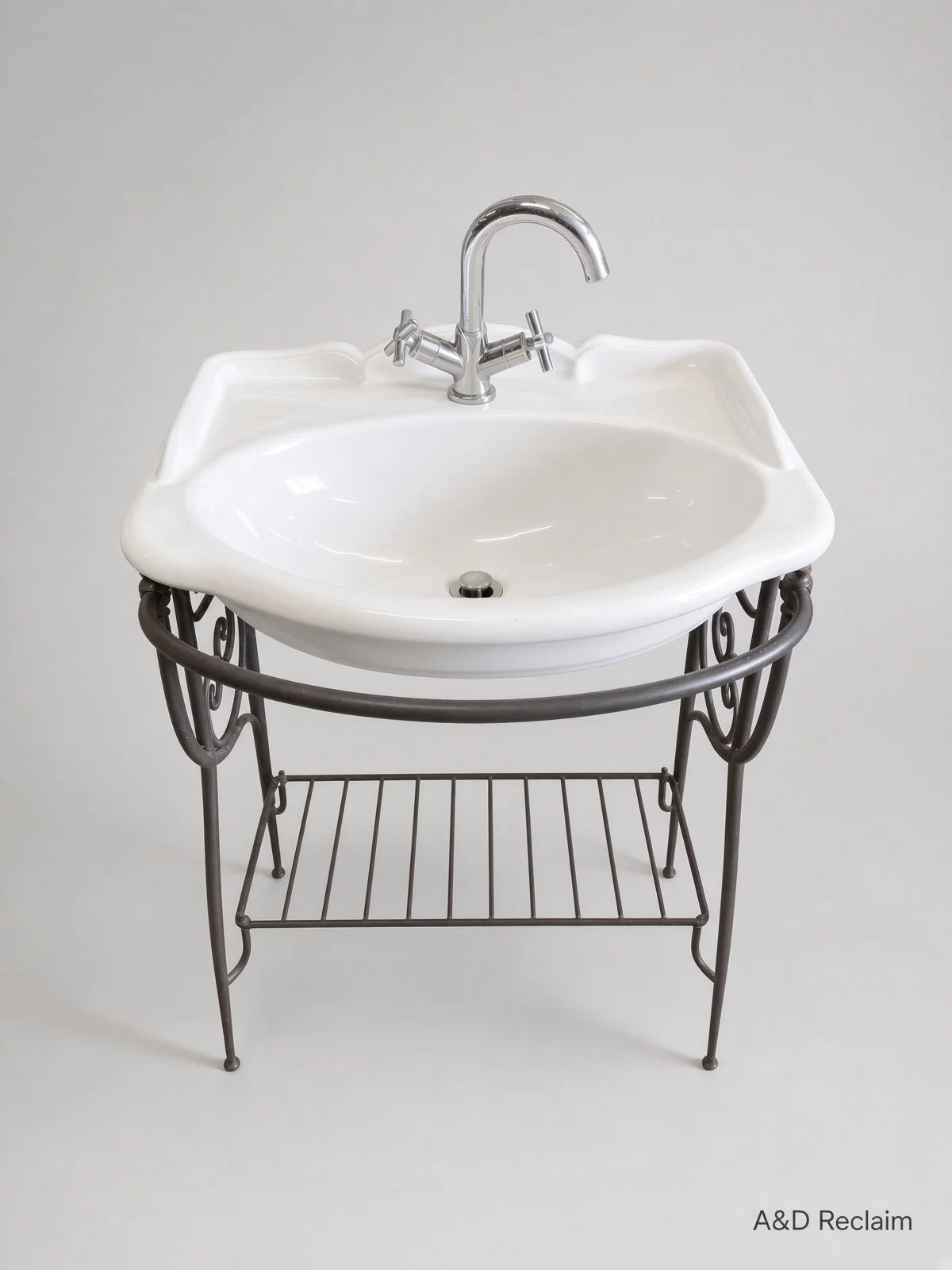 Reclaimed White Ceramic Sink Basin on Decorative Metal Stand