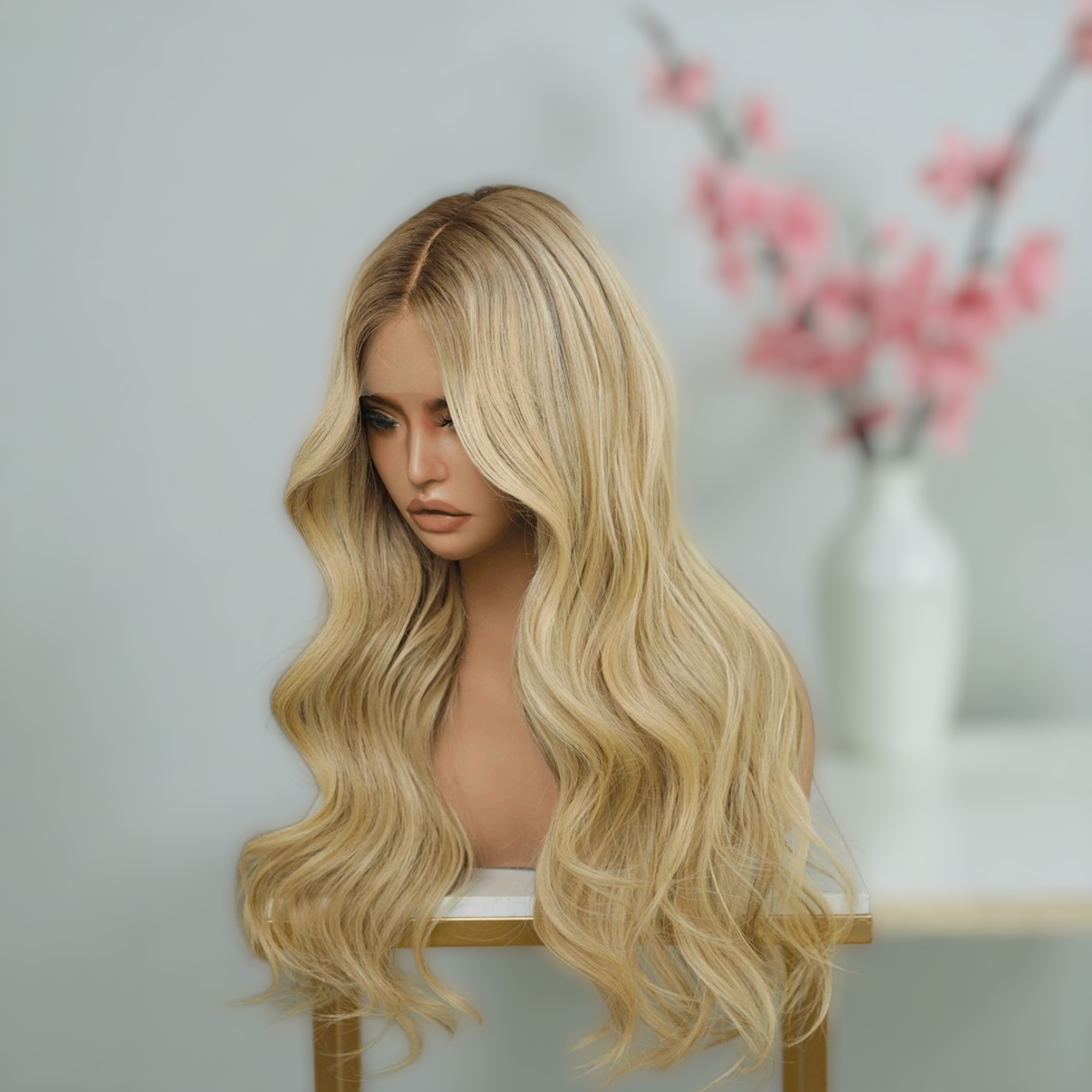 Blonde woman with long, wavy hair looking downward, with a pink-flowered branch in a white vase in the background.