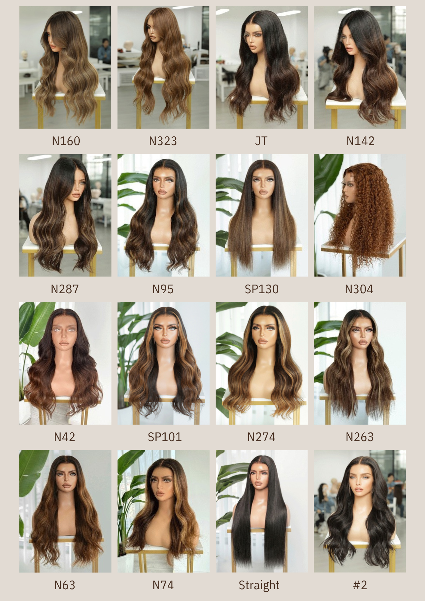 A display of mannequin heads showcasing various hairstyles and wig colors, labeled with codes such as N160, N323, JT, N142, N287, N95, SP130, N304, N42, SP101, N274, N263, N63, N74, Straight, and #2. The wigs vary in color from blonde, brunette, blac