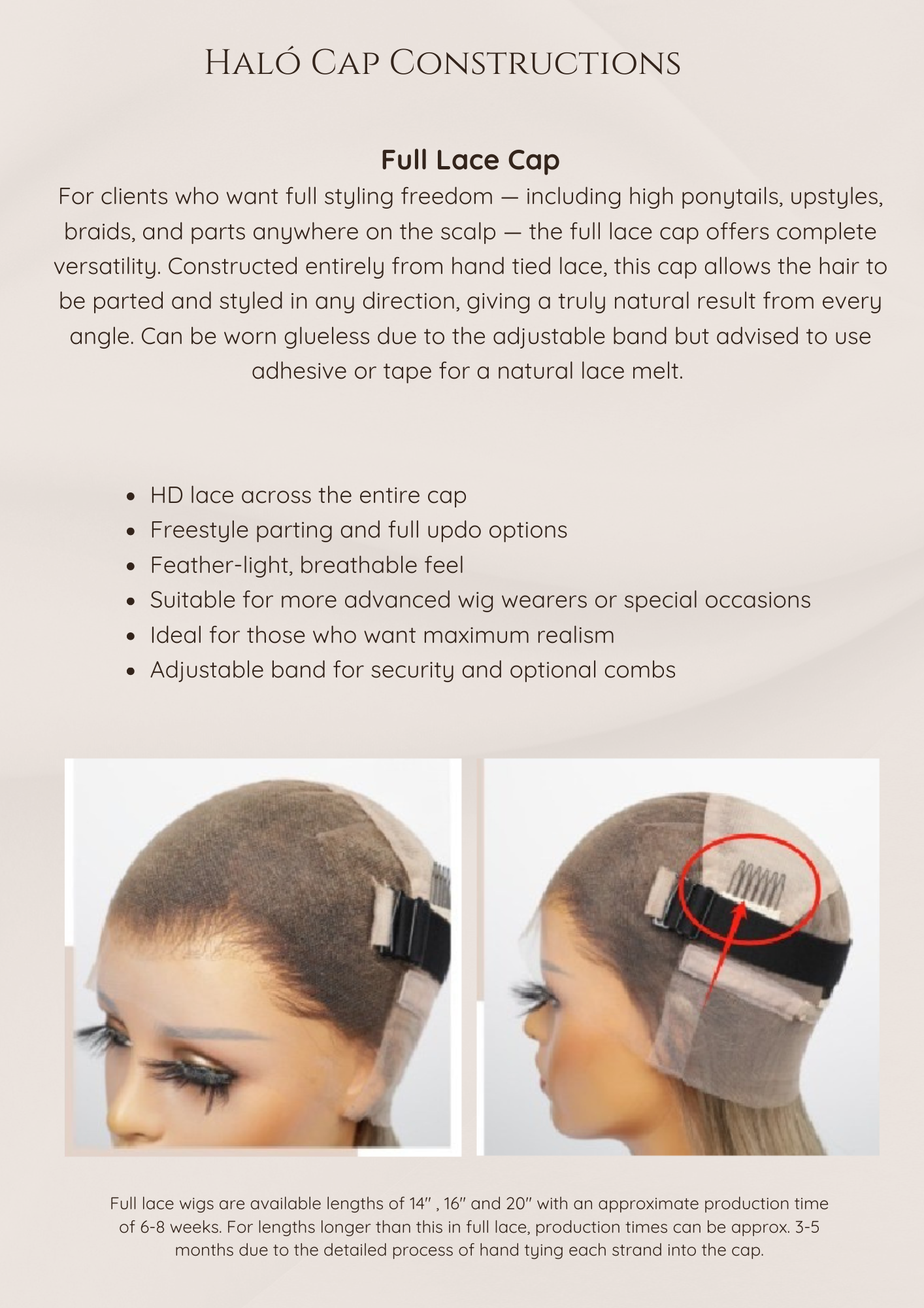 Brochure for Halo Cap Constructions featuring a full lace cap wig. The flyer details the features of the wig, such as HD lace, full updo options, breathable feel, suitability for advanced wig wearers, realism, and adjustable band. There are two image
