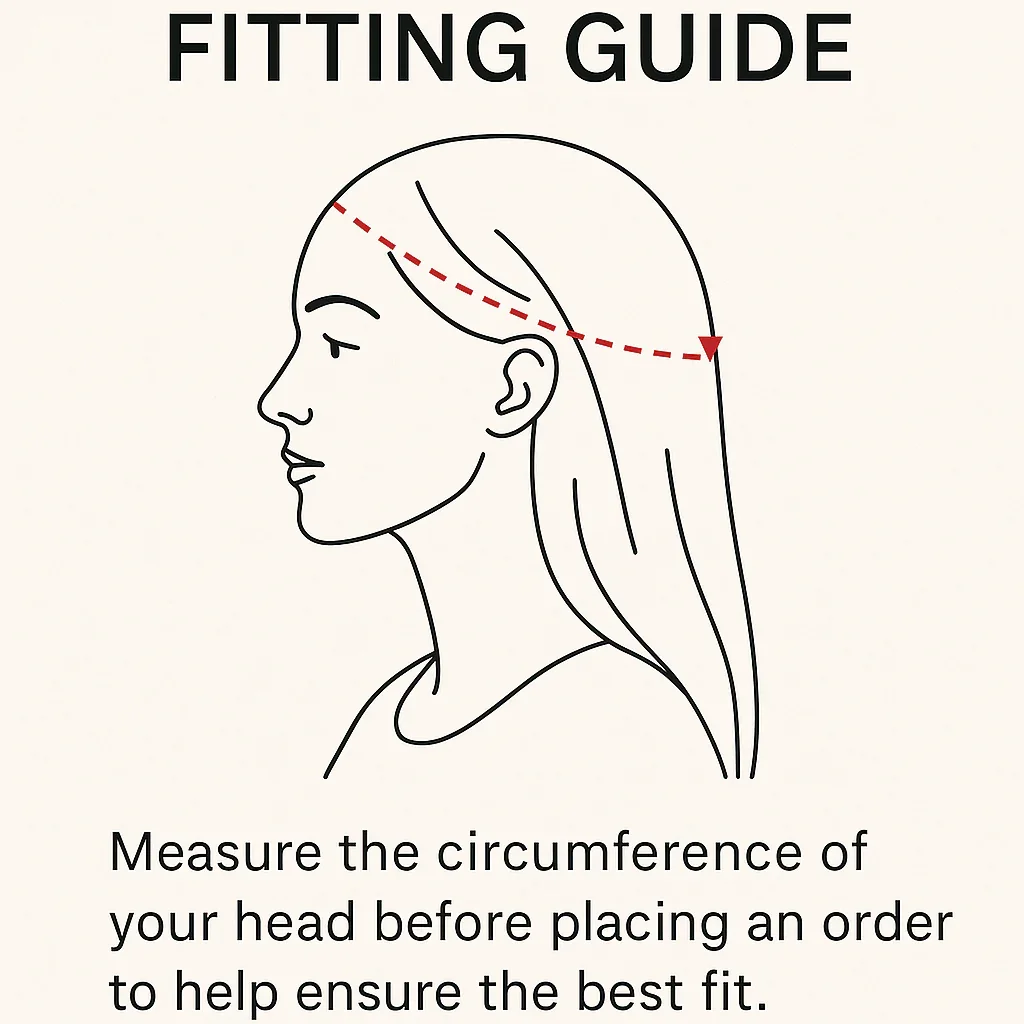 Line drawing of a woman measuring her head circumference with a tape measure for a fitting guide. The tape is placed around her head above her eyebrows and ears. Text instructs to measure head circumference before ordering for the best fit.