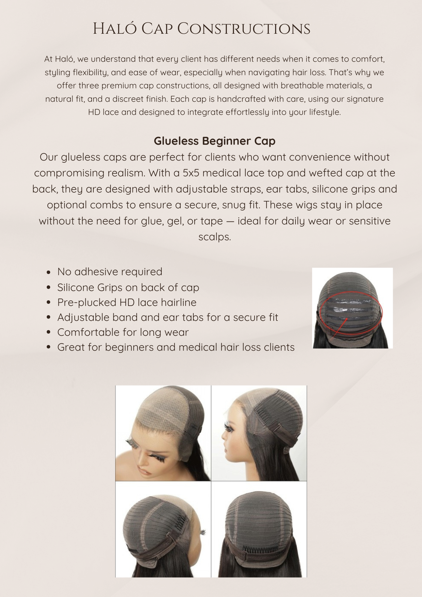 An informational flyer for Halo Cap Constructions, describing a glueless beginner cap with images of the cap from different angles and on a mannequin, highlighting features like adjustable straps, silicone grips, and HD lace.
