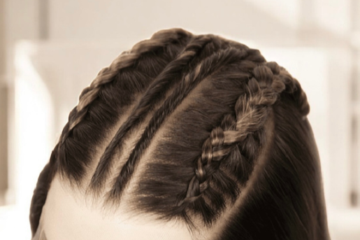 Close-up of a person's head with four detailed braids in their dark hair