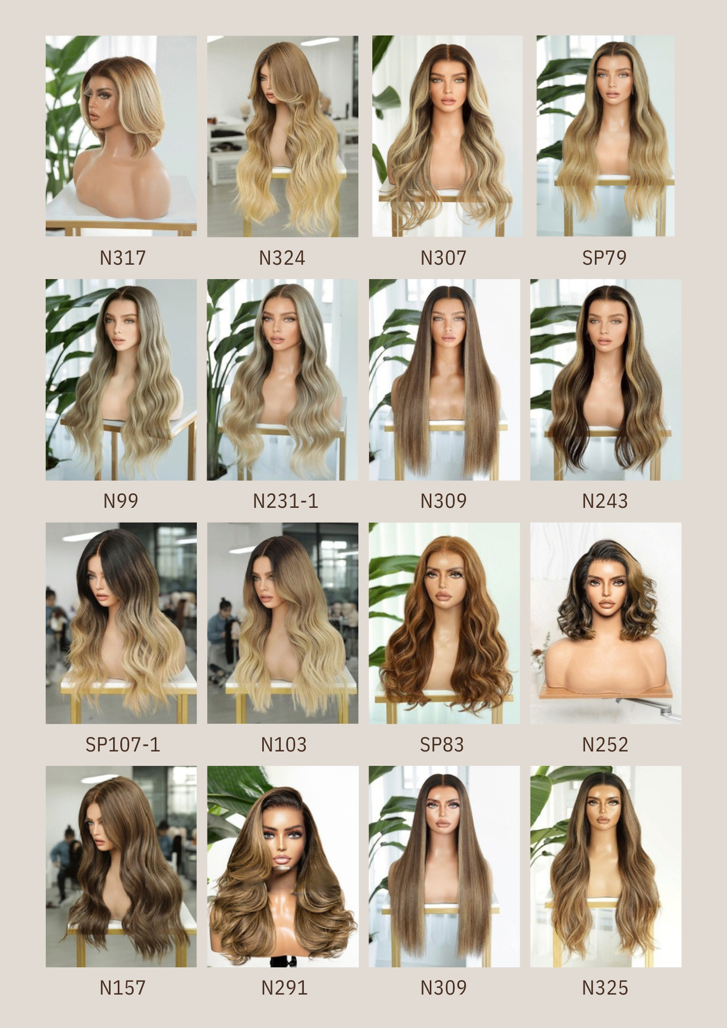 A collection of mannequin heads showcasing different blonde and brunette wigs with various hairstyles, textures, and lengths.
