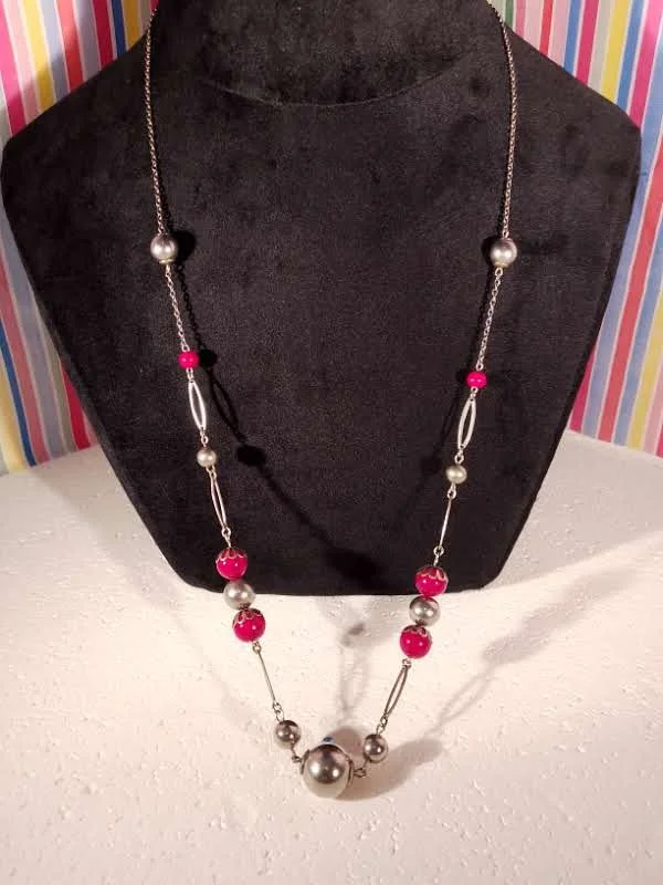 Art Deco Steel & Red Glass Long Necklace.