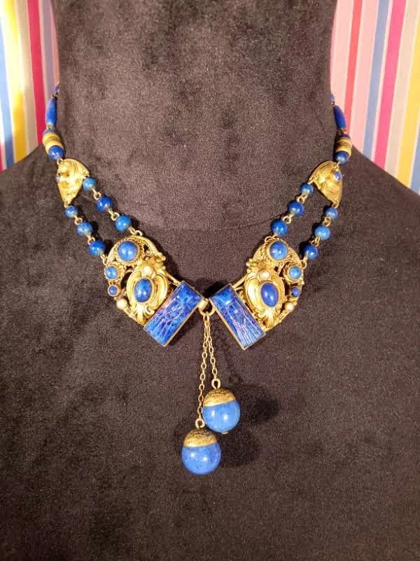 1920's Egyptian Revival Lapis Glass Short Negligee Necklace.
