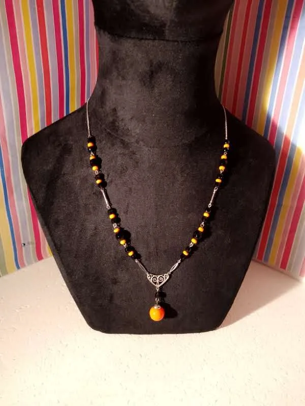 1930's Orange & Black Glass Necklace & Earrings.