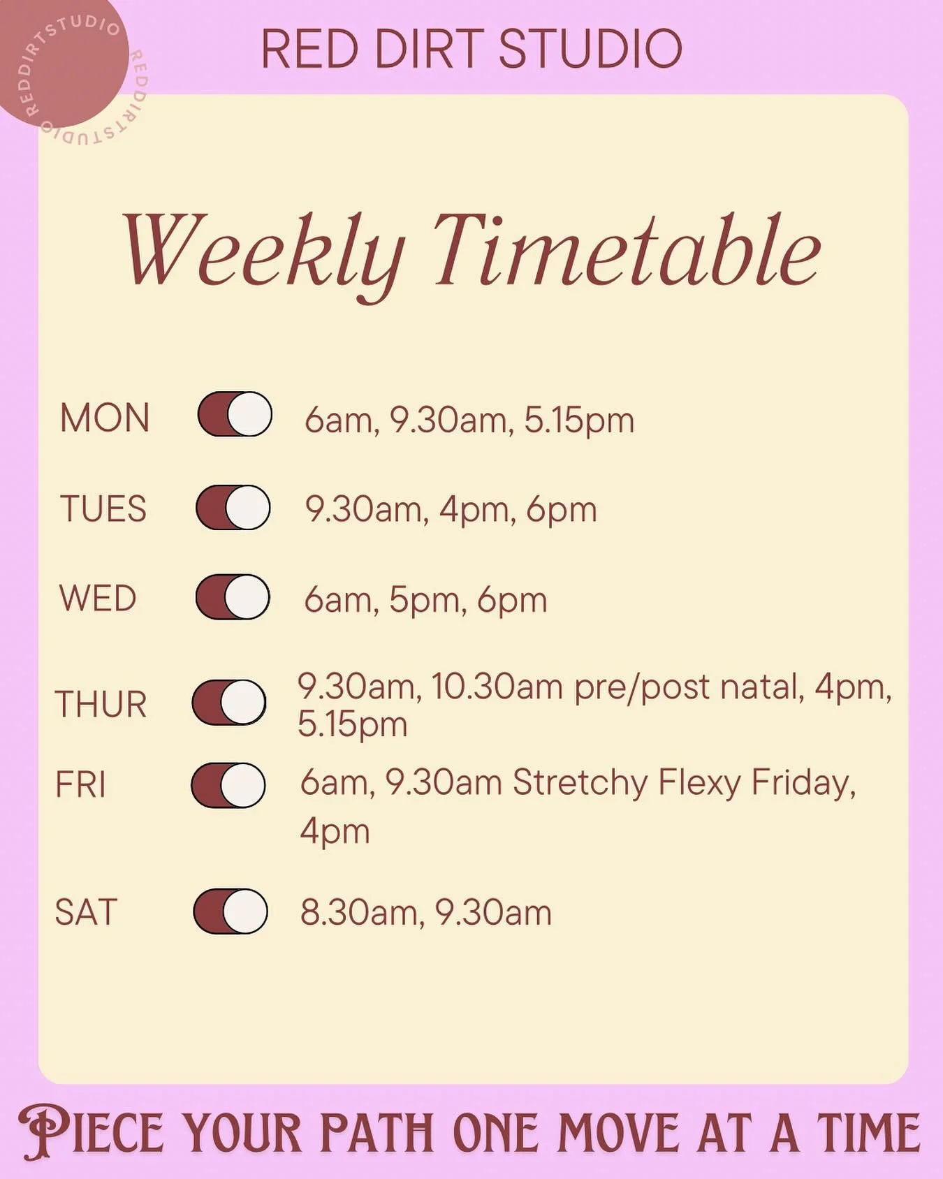 Your weekly magic is here beauties! Timetable is locked and loaded and ready to bring the high vibes. 

Ladies are holding down the forte till I return on Tuesday! If you see @tilley_stuckey give her a huge Red Dirt welcome to the team. 🤩🤩

See you