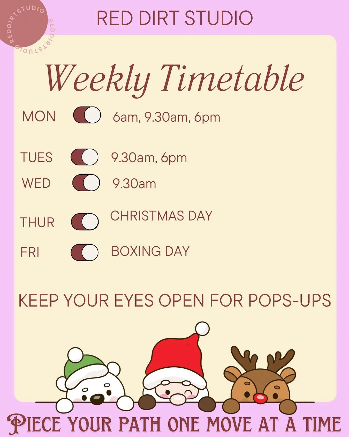 🎄 Christmas week is live beauties! 🎄

Let&rsquo;s keep things flexible through Christmas and New Years studio beauties! 

Keep your eyes 👀 peeled for pop up classes, extra classes when scheduled classes fill and maybe even a sneaky mat Pilates or 