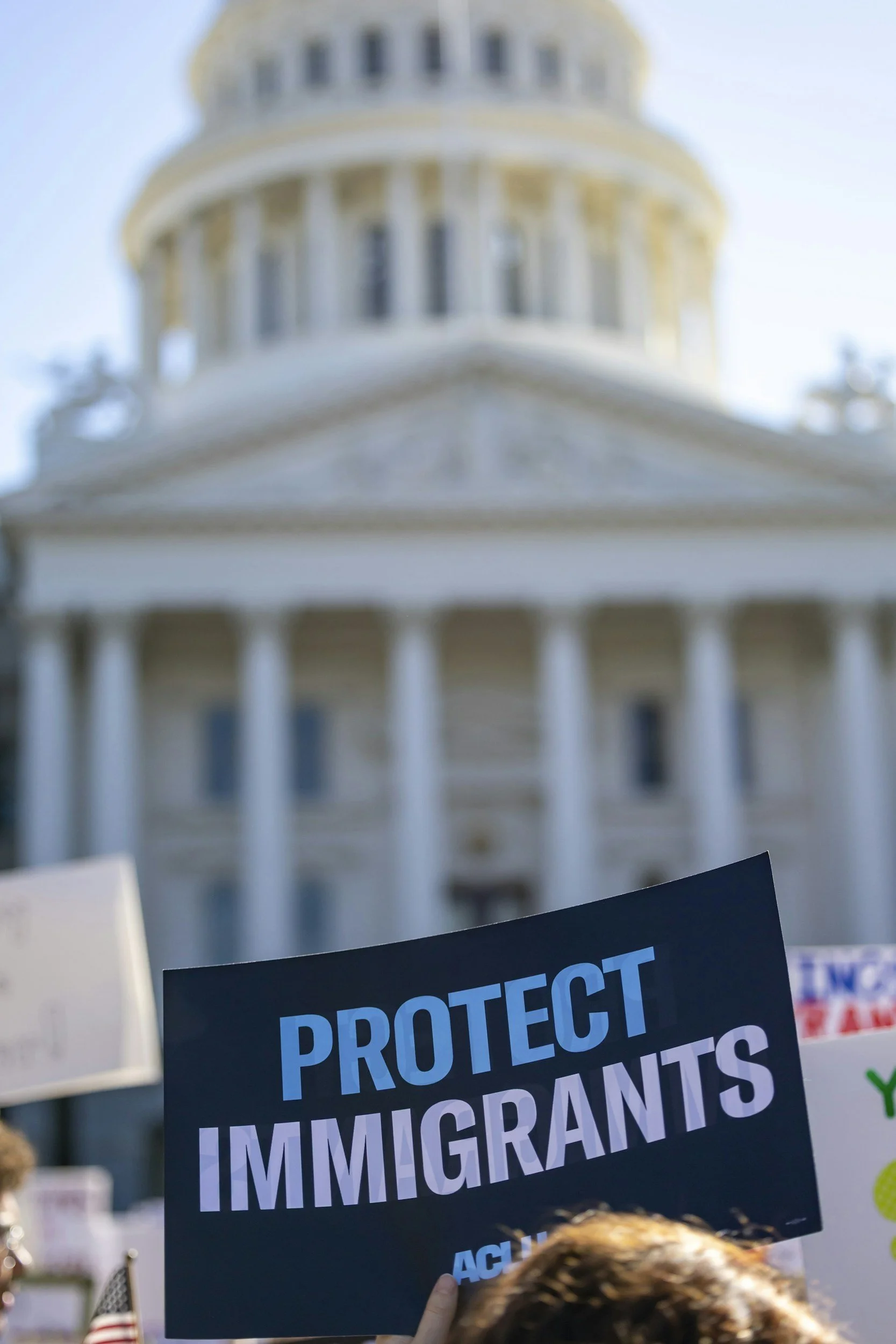 Protest sign reading 'Protect Immigrants' held in a crowd during a demonstration outside a government building.