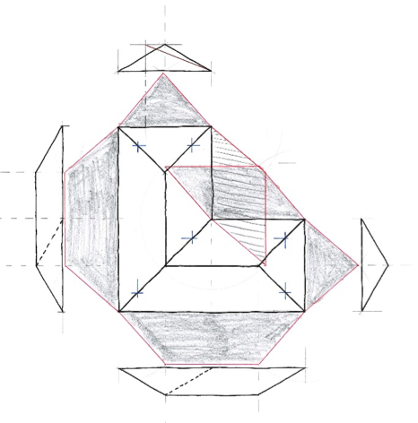 Figur 13. Martin Herman 2020. På en slik bygning med to like fløyer vil kilsperr og gratsperre møtes. Sammenskjæringslinjene i taket er markert med et kryss.